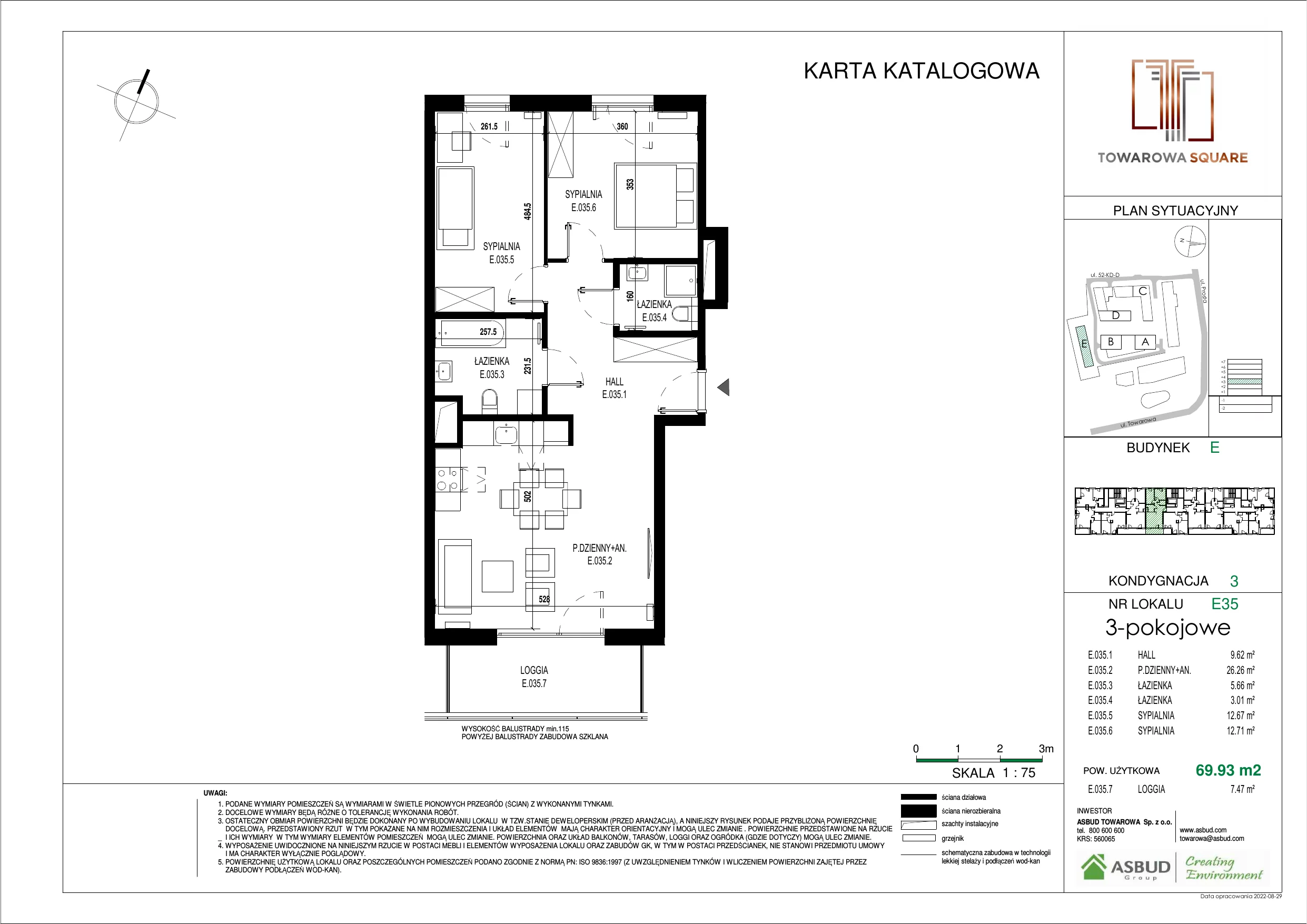 3 pokoje, mieszkanie 69,93 m², piętro 2, oferta nr E.035, Towarowa Square, Warszawa, Wola, Czyste, ul. Towarowa