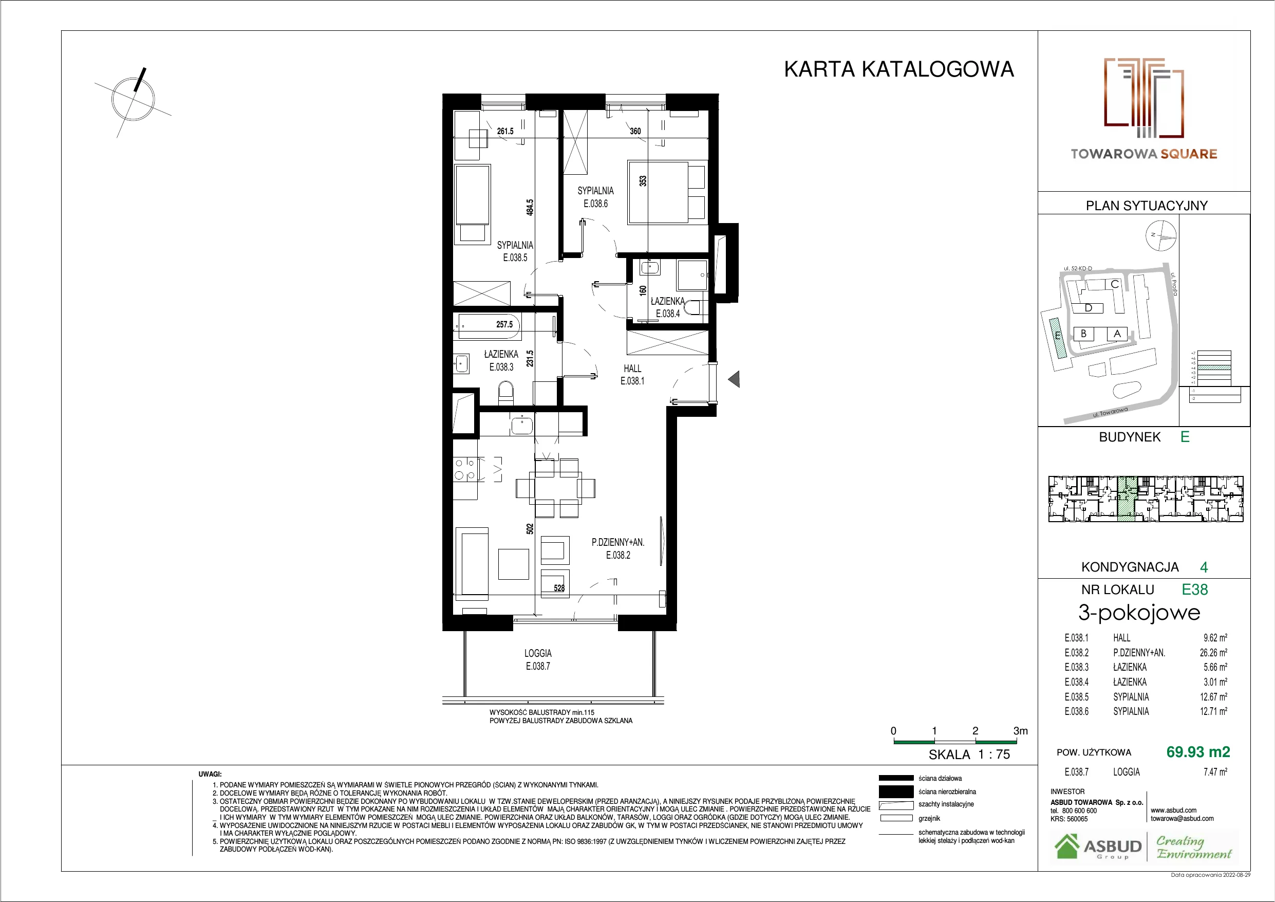 3 pokoje, mieszkanie 69,93 m², piętro 3, oferta nr E.038, Towarowa Square, Warszawa, Wola, Czyste, ul. Towarowa