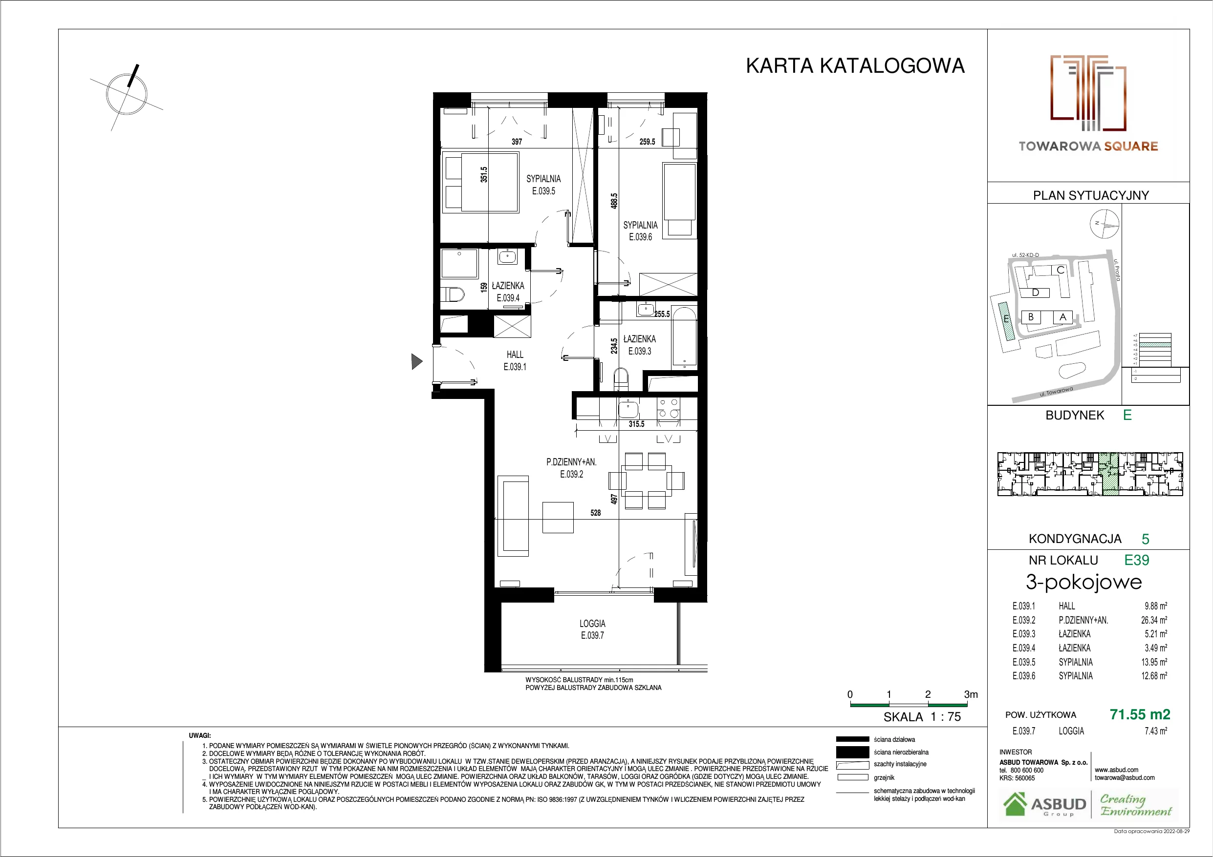 3 pokoje, mieszkanie 71,55 m², piętro 2, oferta nr E.039, Towarowa Square, Warszawa, Wola, Czyste, ul. Towarowa