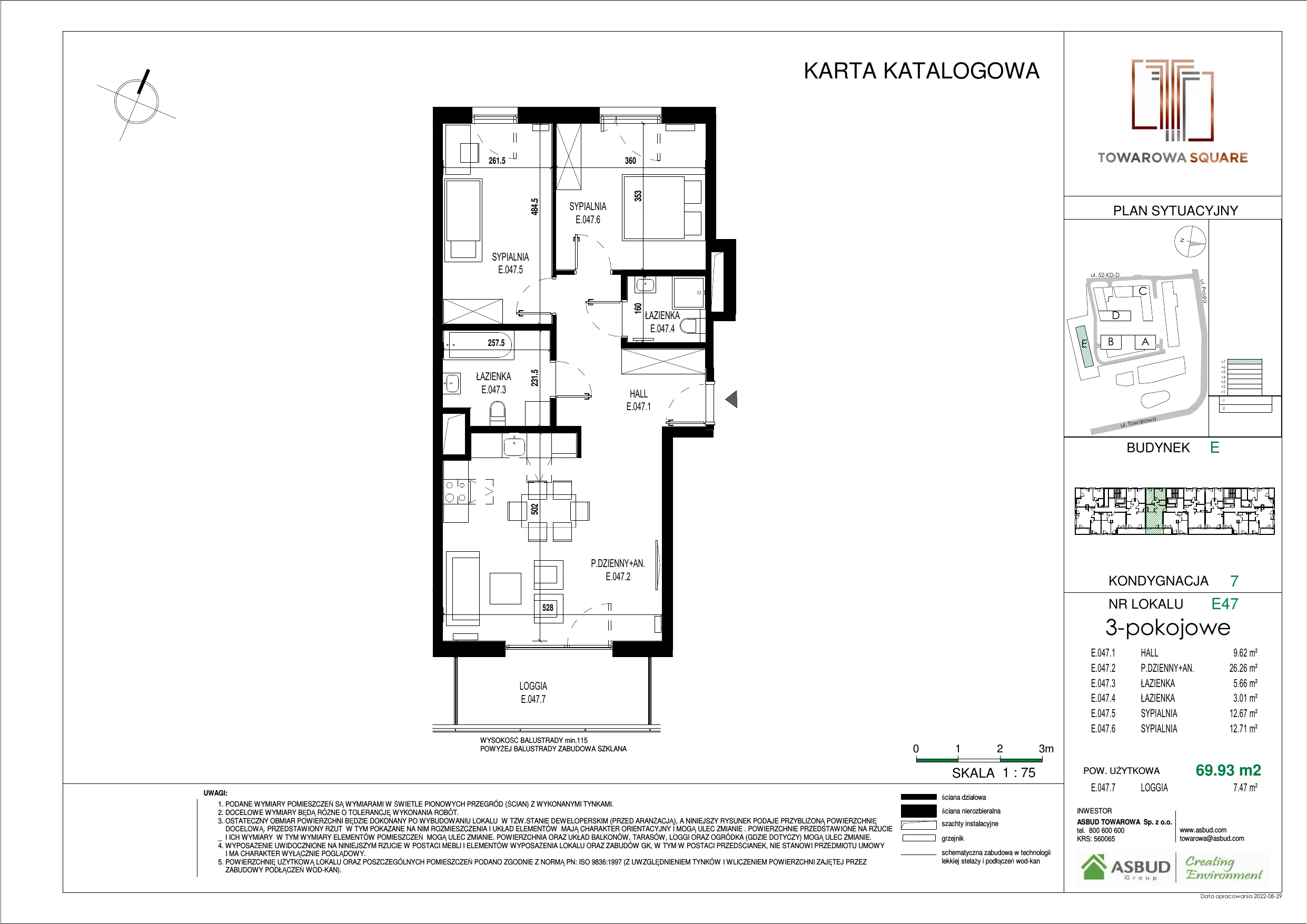 3 pokoje, mieszkanie 69,93 m², piętro 6, oferta nr E.047, Towarowa Square, Warszawa, Wola, Czyste, ul. Towarowa