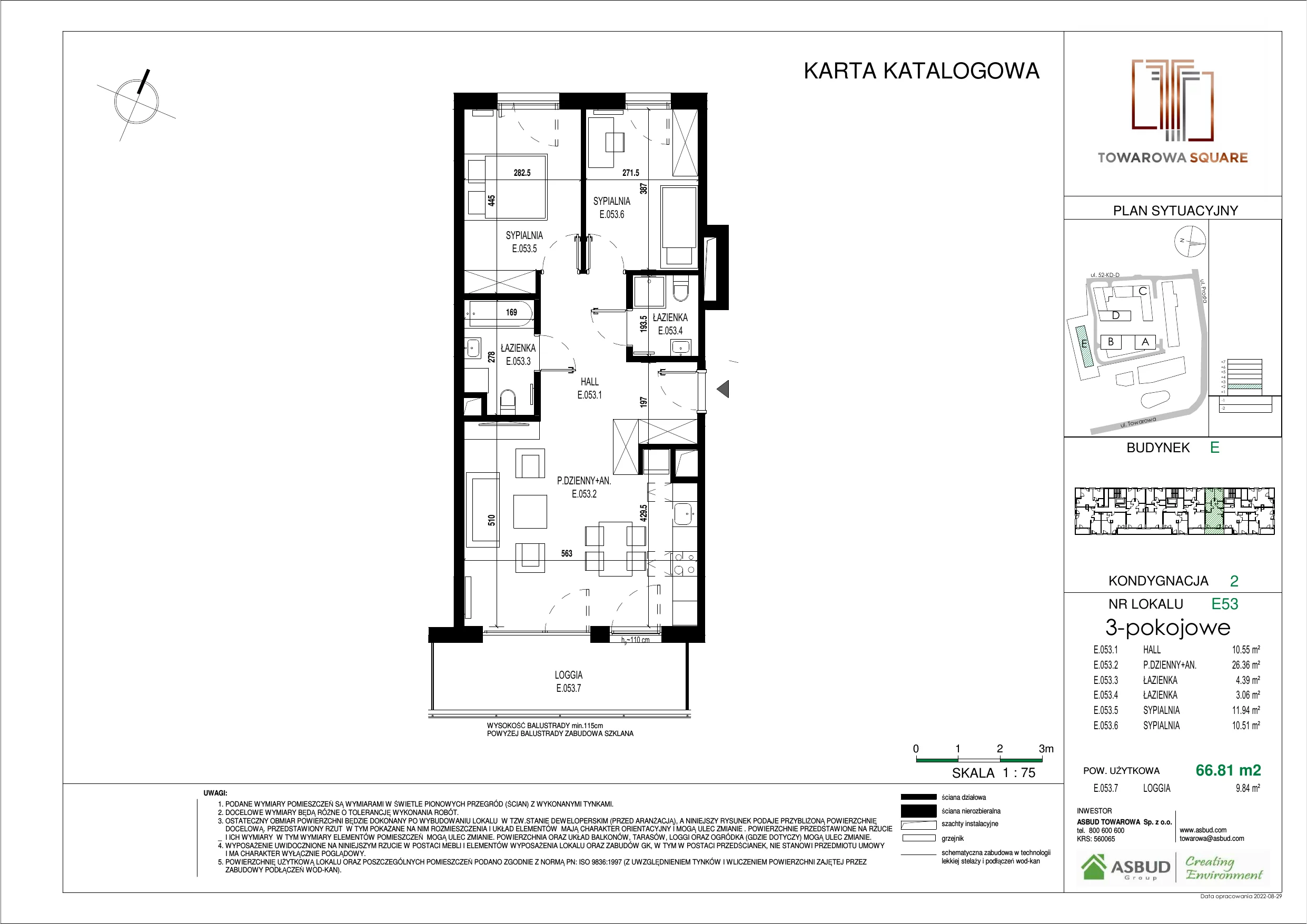 3 pokoje, mieszkanie 66,81 m², piętro 1, oferta nr E.053, Towarowa Square, Warszawa, Wola, Czyste, ul. Towarowa