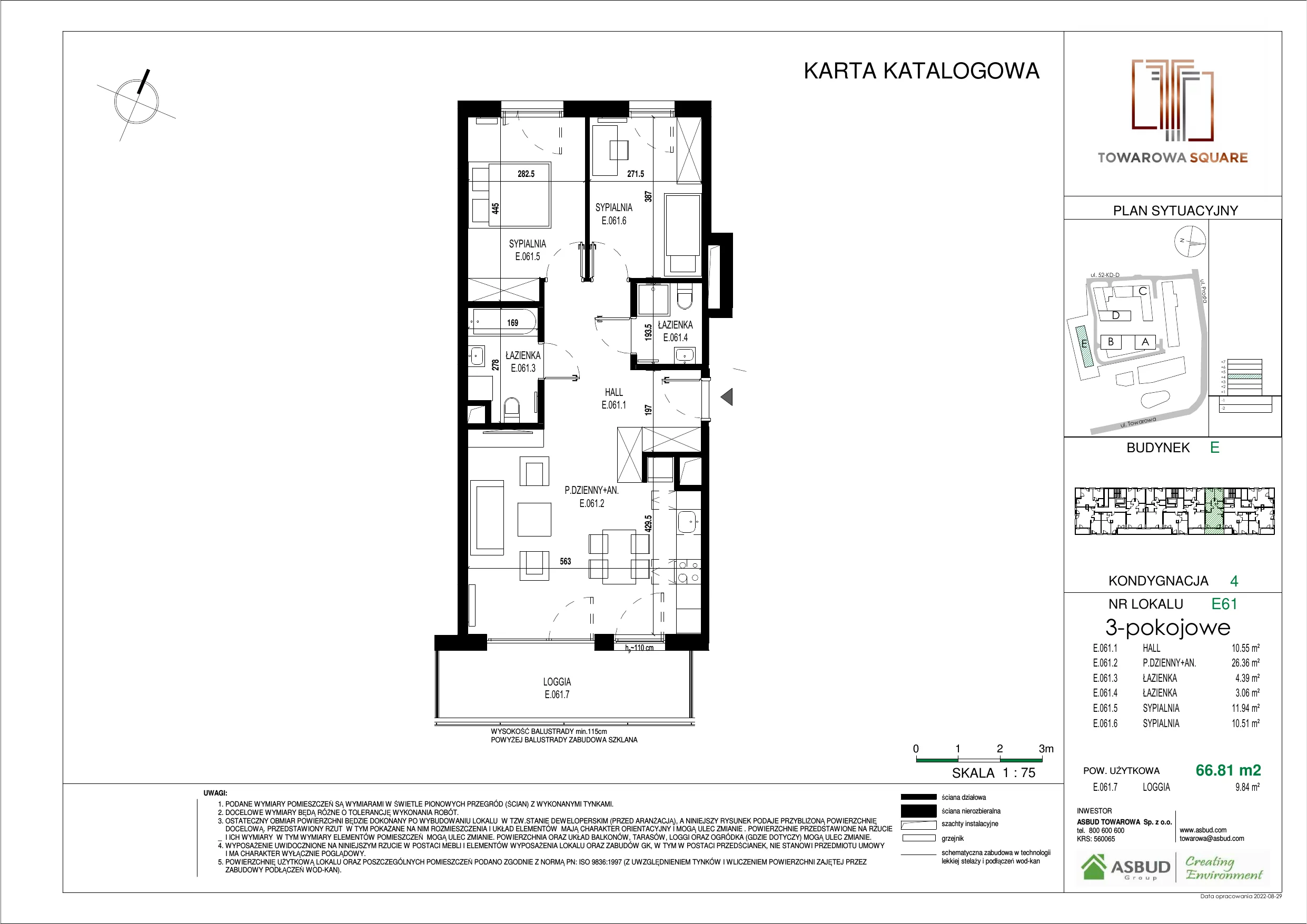 3 pokoje, mieszkanie 66,81 m², piętro 3, oferta nr E.061, Towarowa Square, Warszawa, Wola, Czyste, ul. Towarowa