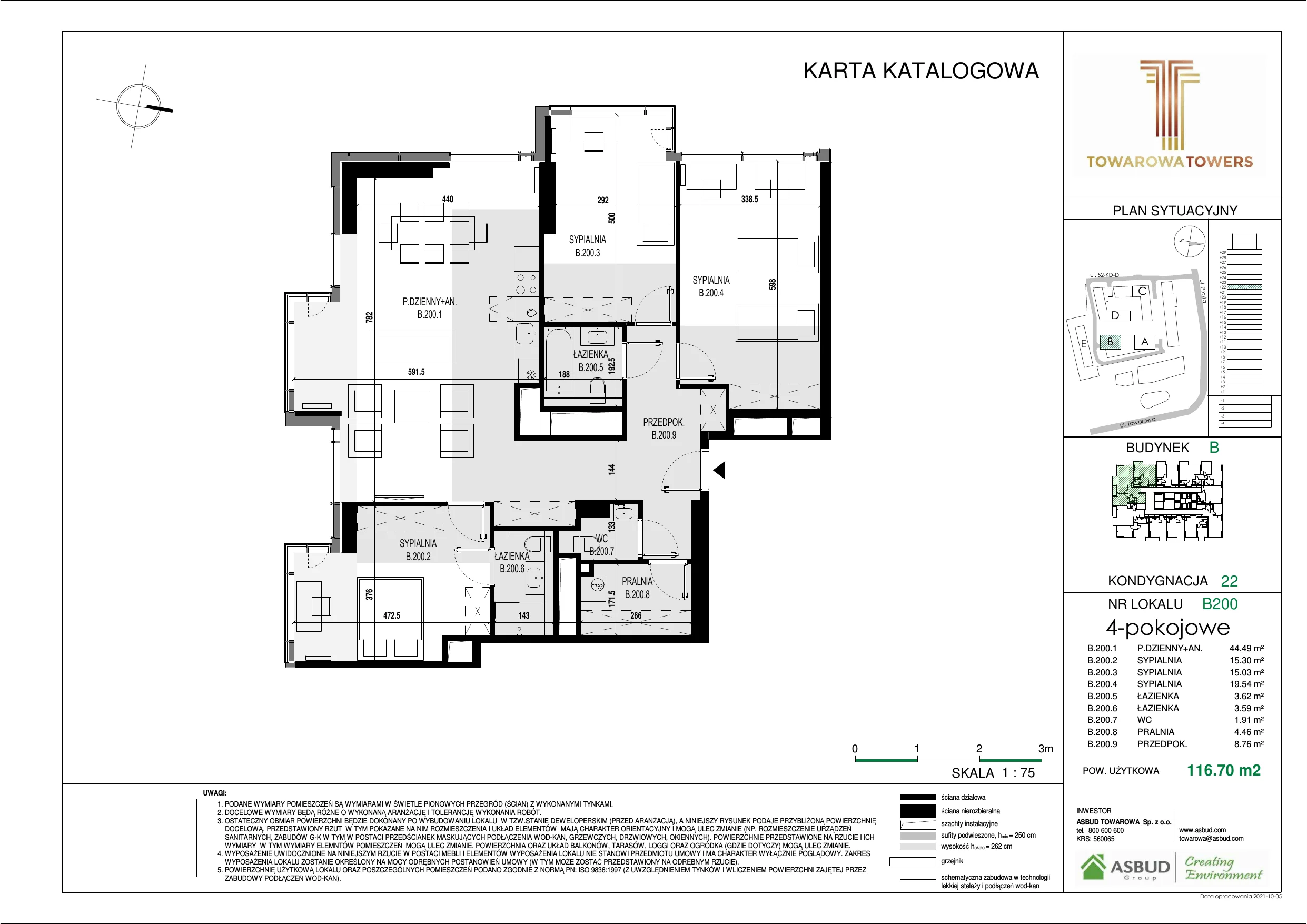 4 pokoje, mieszkanie 116,70 m², piętro 22, oferta nr B.200, Towarowa Towers, Warszawa, Wola, Czyste, ul. Towarowa