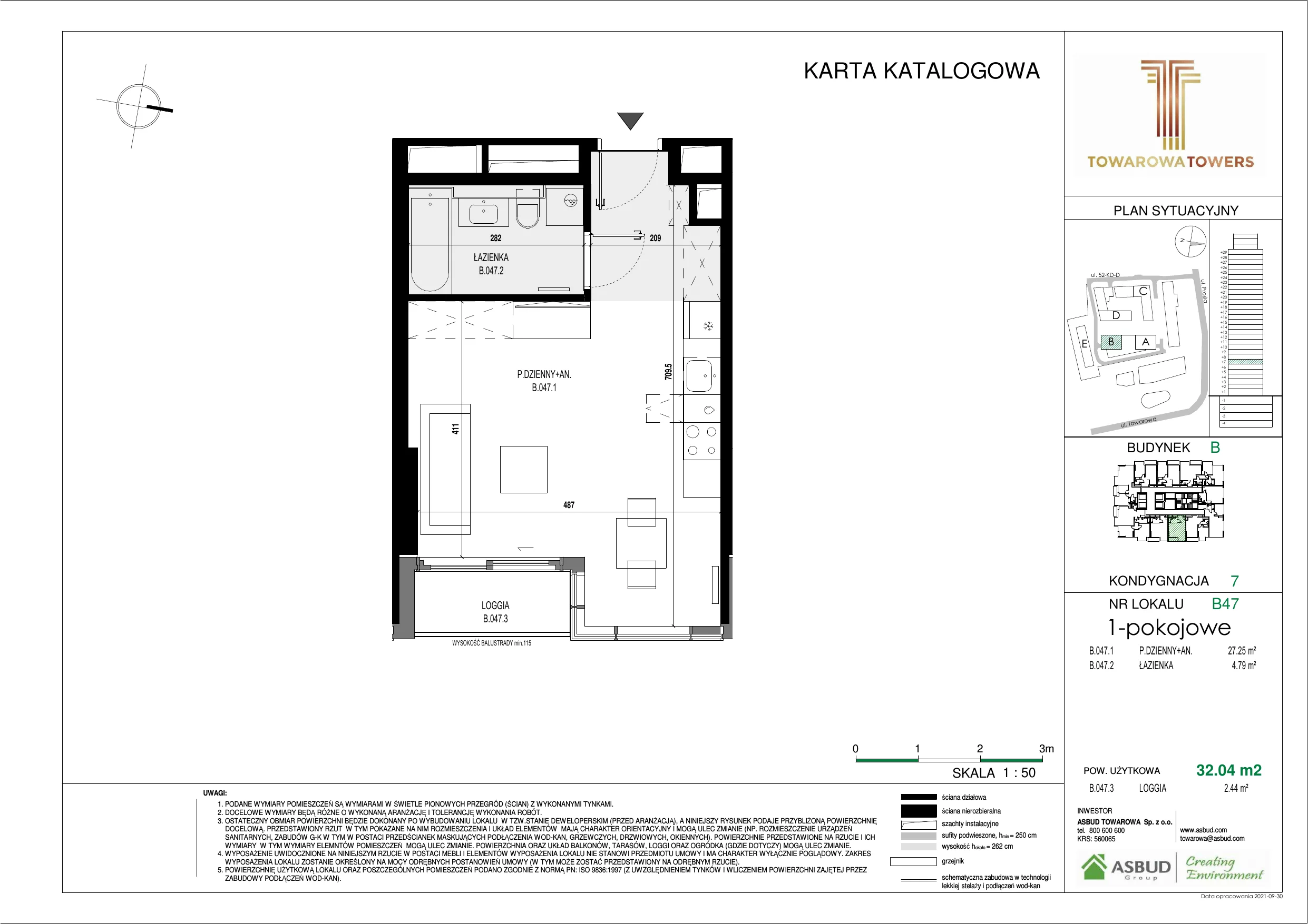 1 pokój, mieszkanie 32,04 m², piętro 7, oferta nr B.047, Towarowa Towers, Warszawa, Wola, Czyste, ul. Towarowa