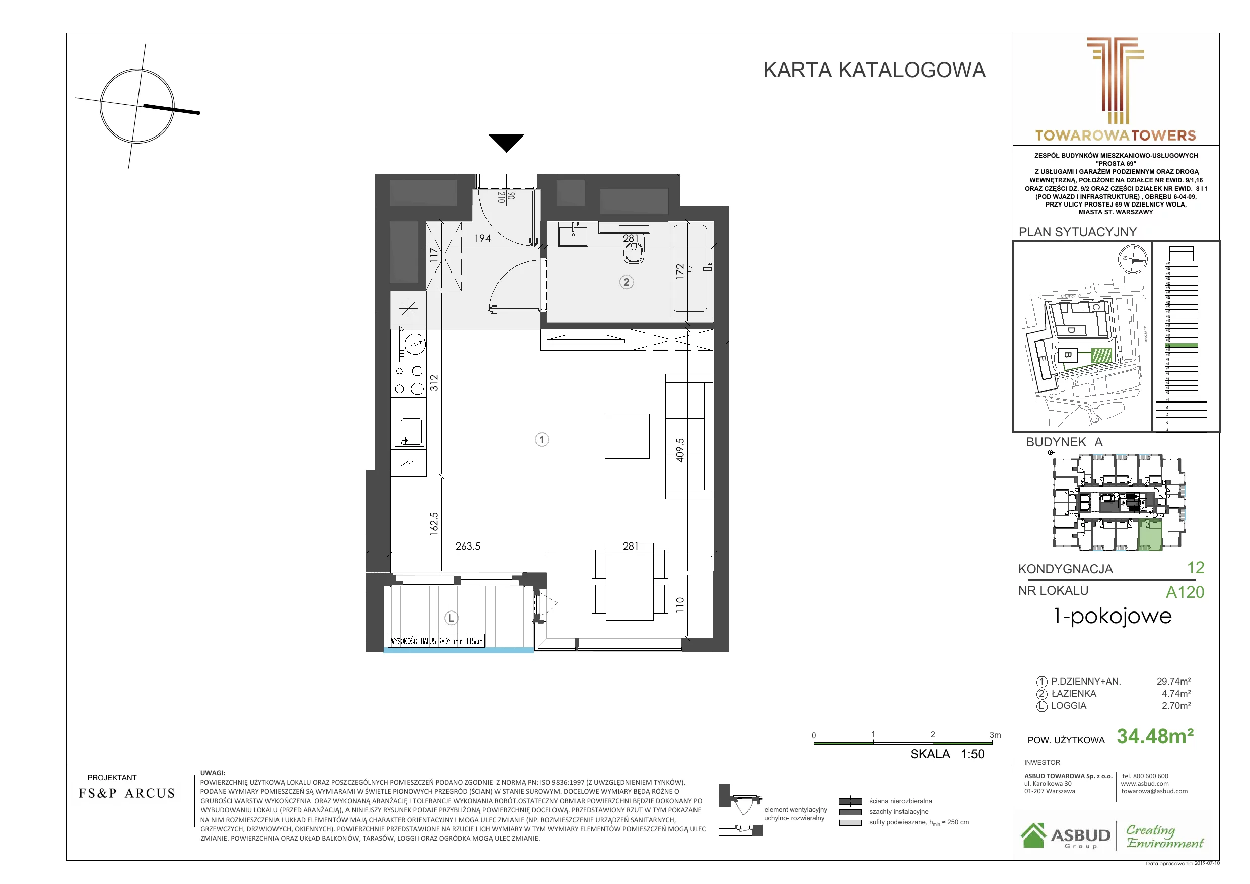 1 pokój, mieszkanie 35,22 m², piętro 12, oferta nr A.120, Towarowa Towers, Warszawa, Wola, Czyste, ul. Towarowa