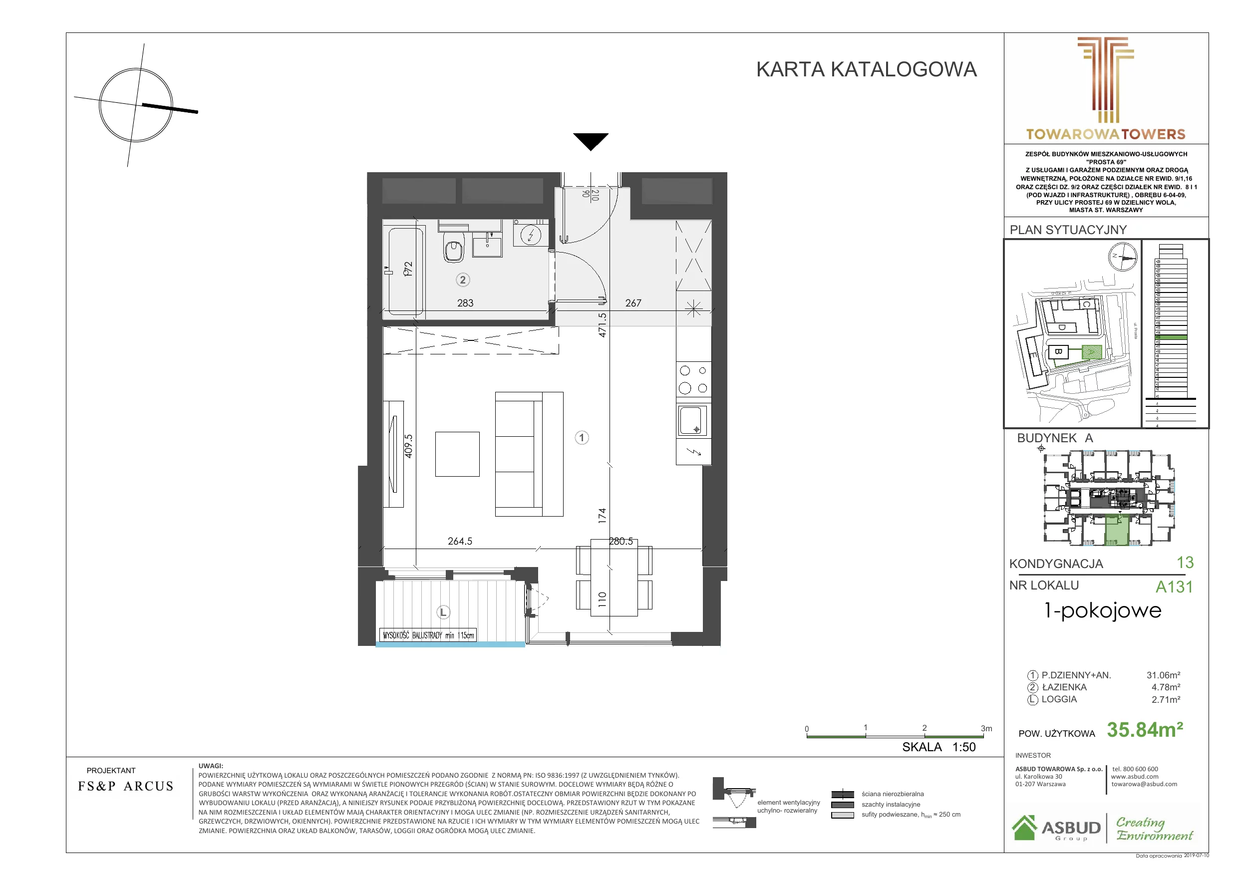 1 pokój, mieszkanie 36,56 m², piętro 13, oferta nr A.131, Towarowa Towers, Warszawa, Wola, Czyste, ul. Towarowa