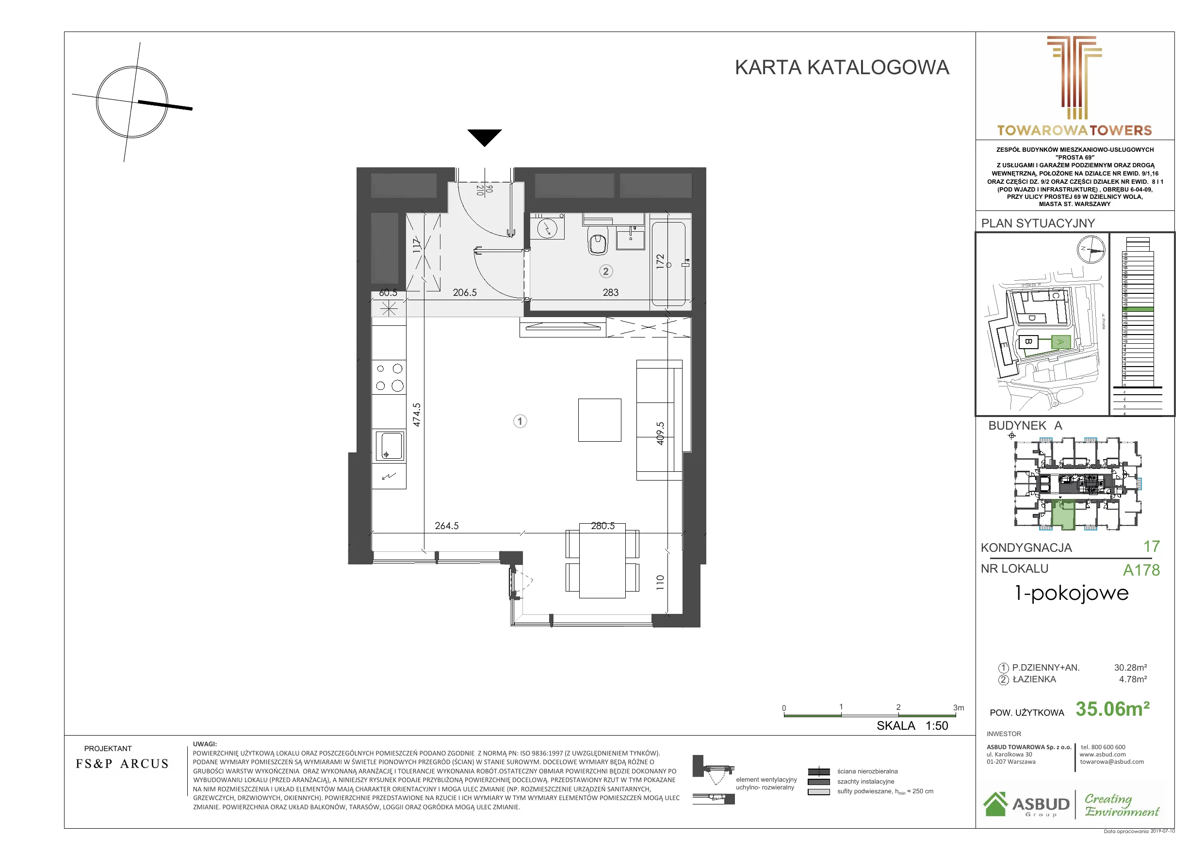 1 pokój, mieszkanie 36,06 m², piętro 17, oferta nr A.178, Towarowa Towers, Warszawa, Wola, Czyste, ul. Towarowa