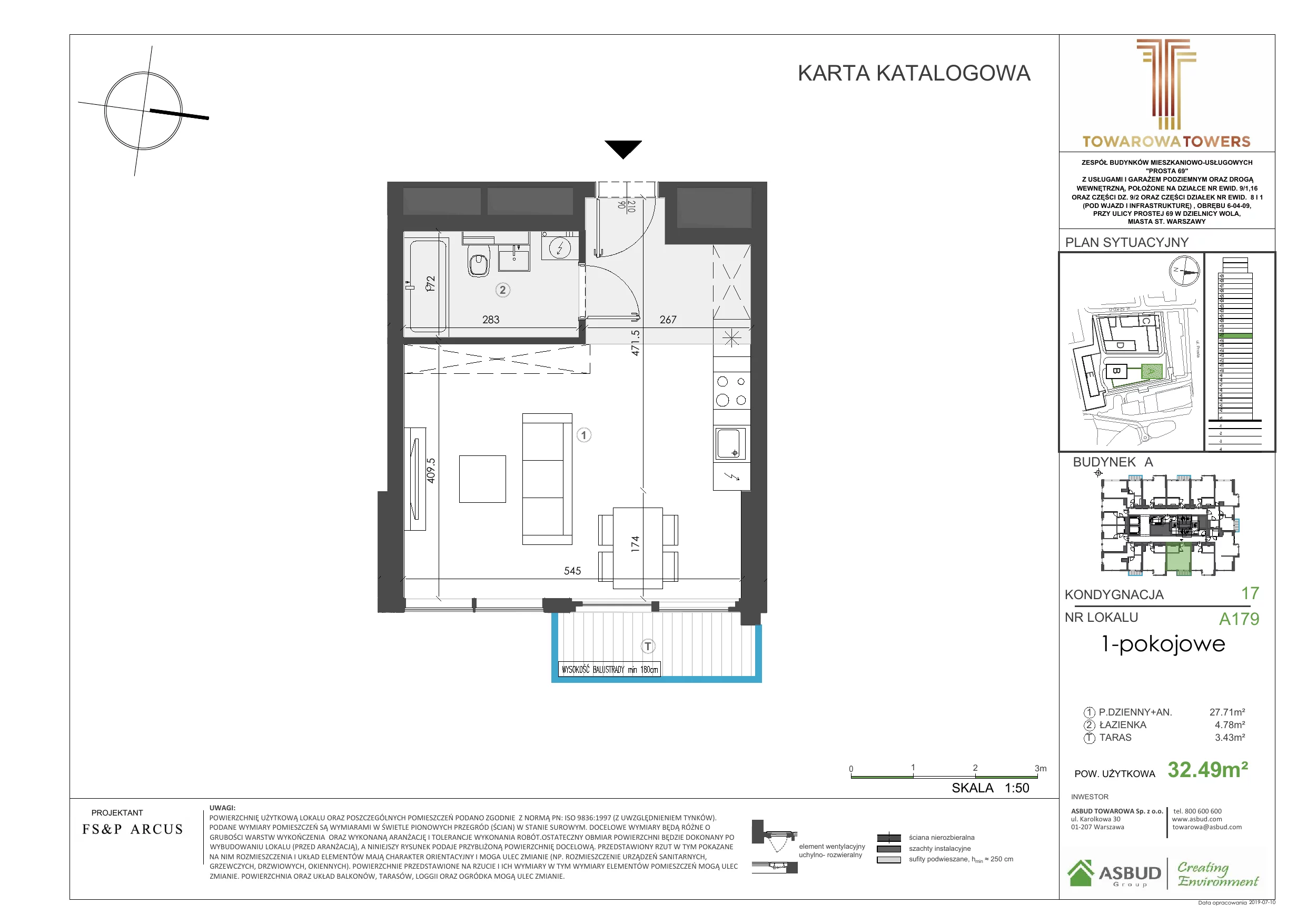 1 pokój, mieszkanie 33,56 m², piętro 17, oferta nr A.179, Towarowa Towers, Warszawa, Wola, Czyste, ul. Towarowa