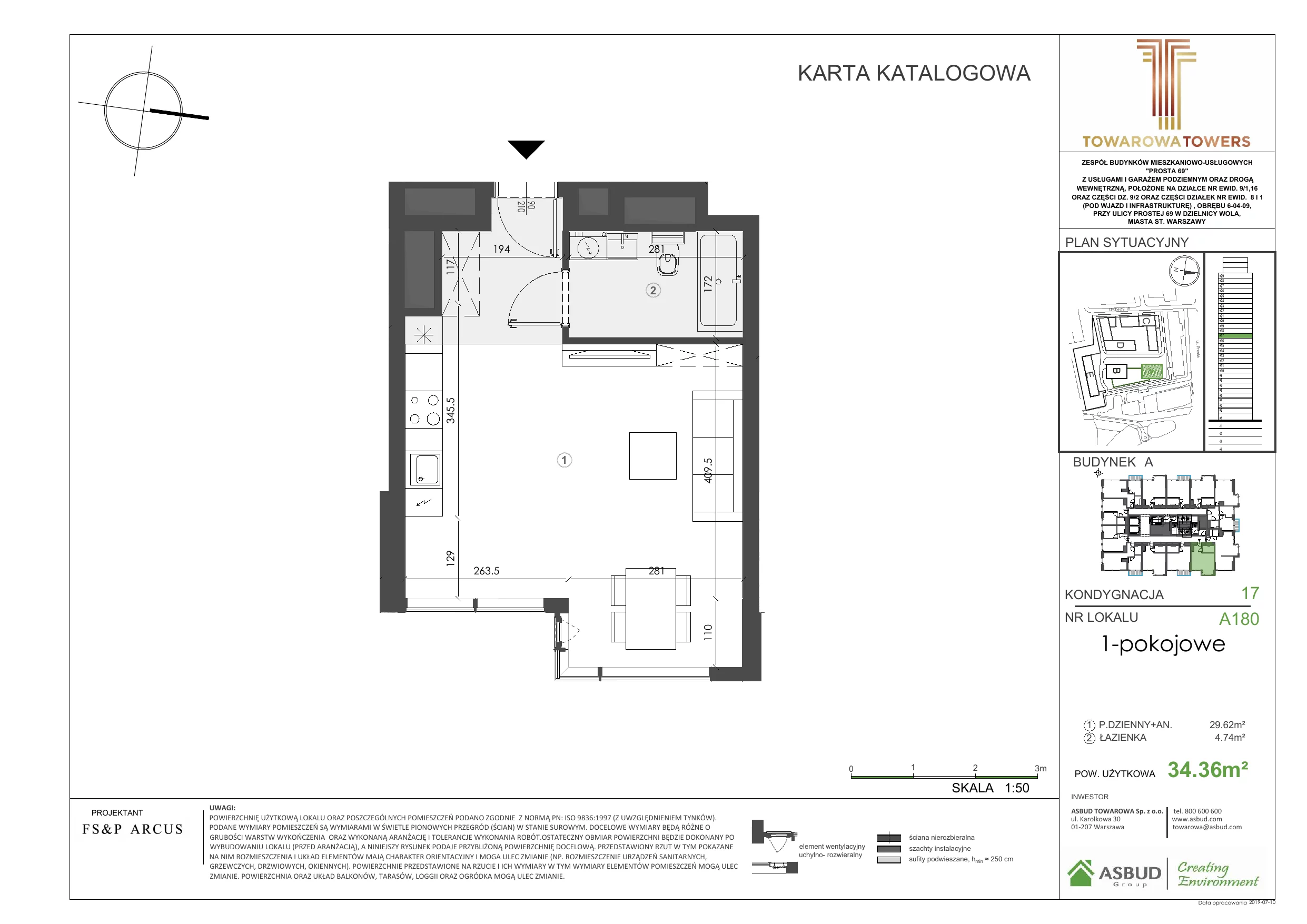 1 pokój, mieszkanie 35,08 m², piętro 17, oferta nr A.180, Towarowa Towers, Warszawa, Wola, Czyste, ul. Towarowa