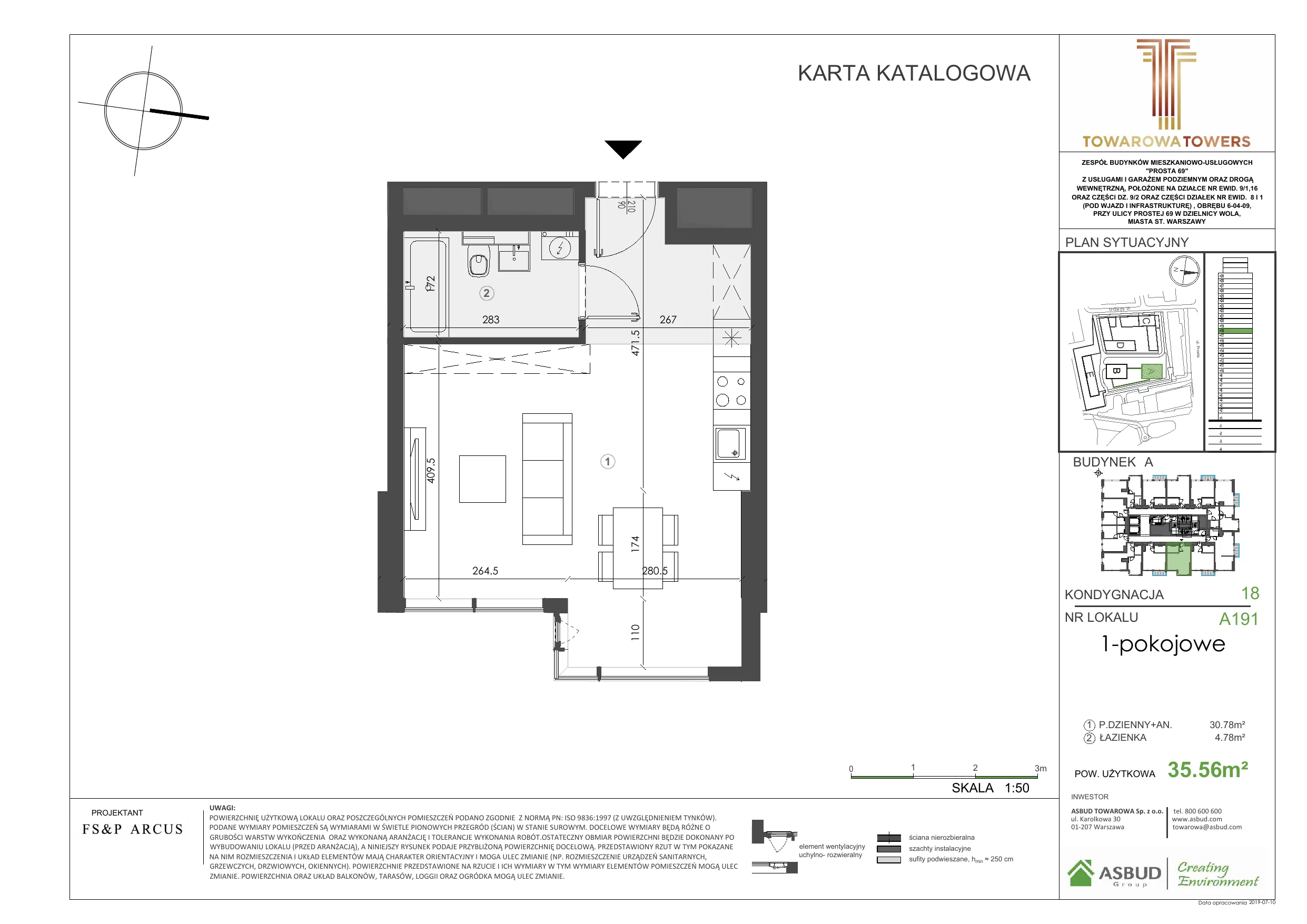 1 pokój, mieszkanie 36,71 m², piętro 18, oferta nr A.191, Towarowa Towers, Warszawa, Wola, Czyste, ul. Towarowa