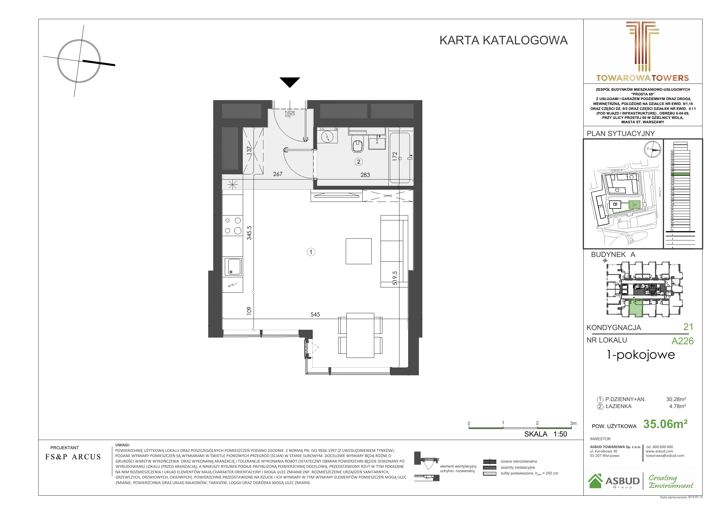 1 pokój, mieszkanie 36,06 m², piętro 21, oferta nr A.226, Towarowa Towers, Warszawa, Wola, Czyste, ul. Towarowa