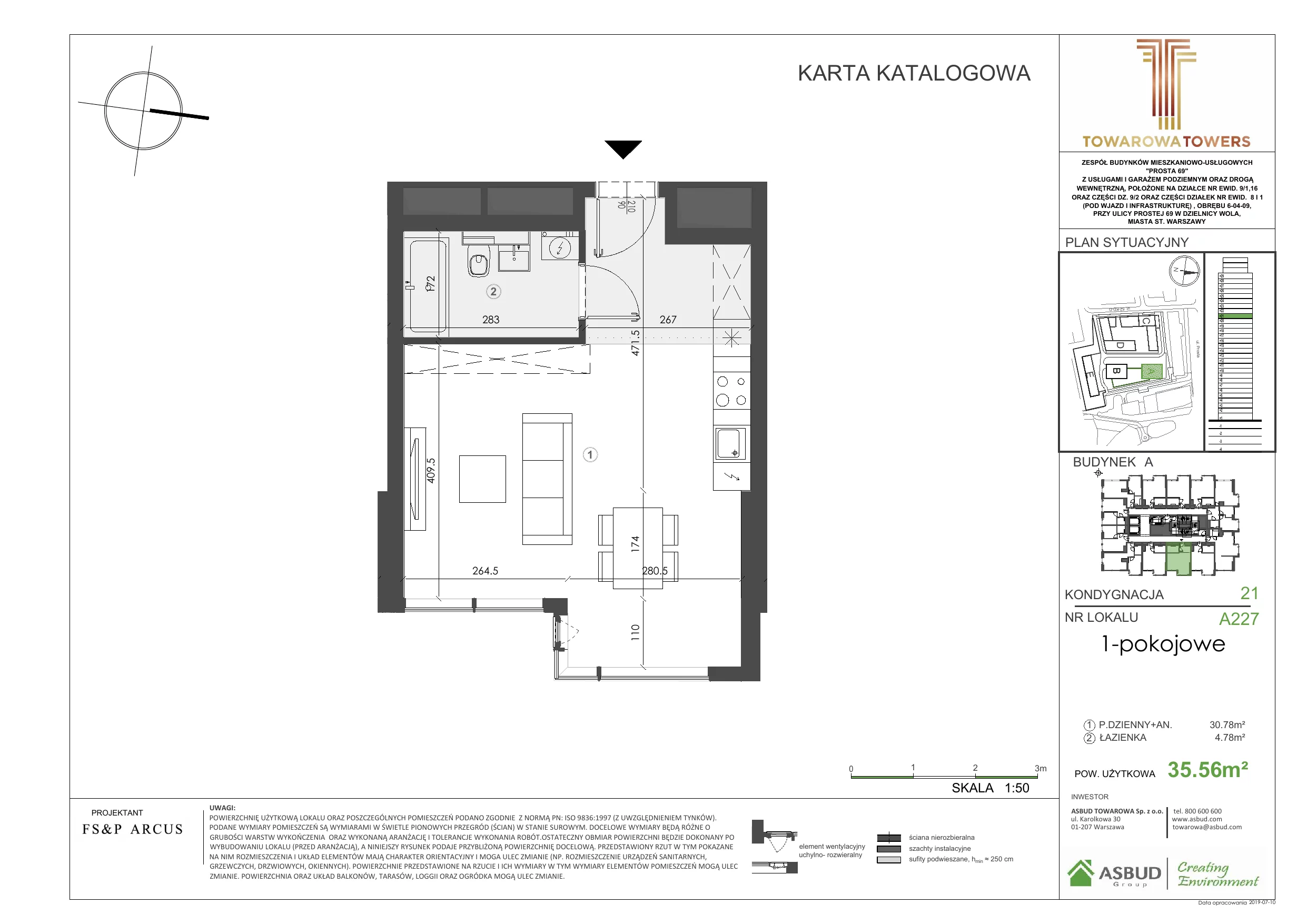 1 pokój, mieszkanie 36,71 m², piętro 21, oferta nr A.227, Towarowa Towers, Warszawa, Wola, Czyste, ul. Towarowa