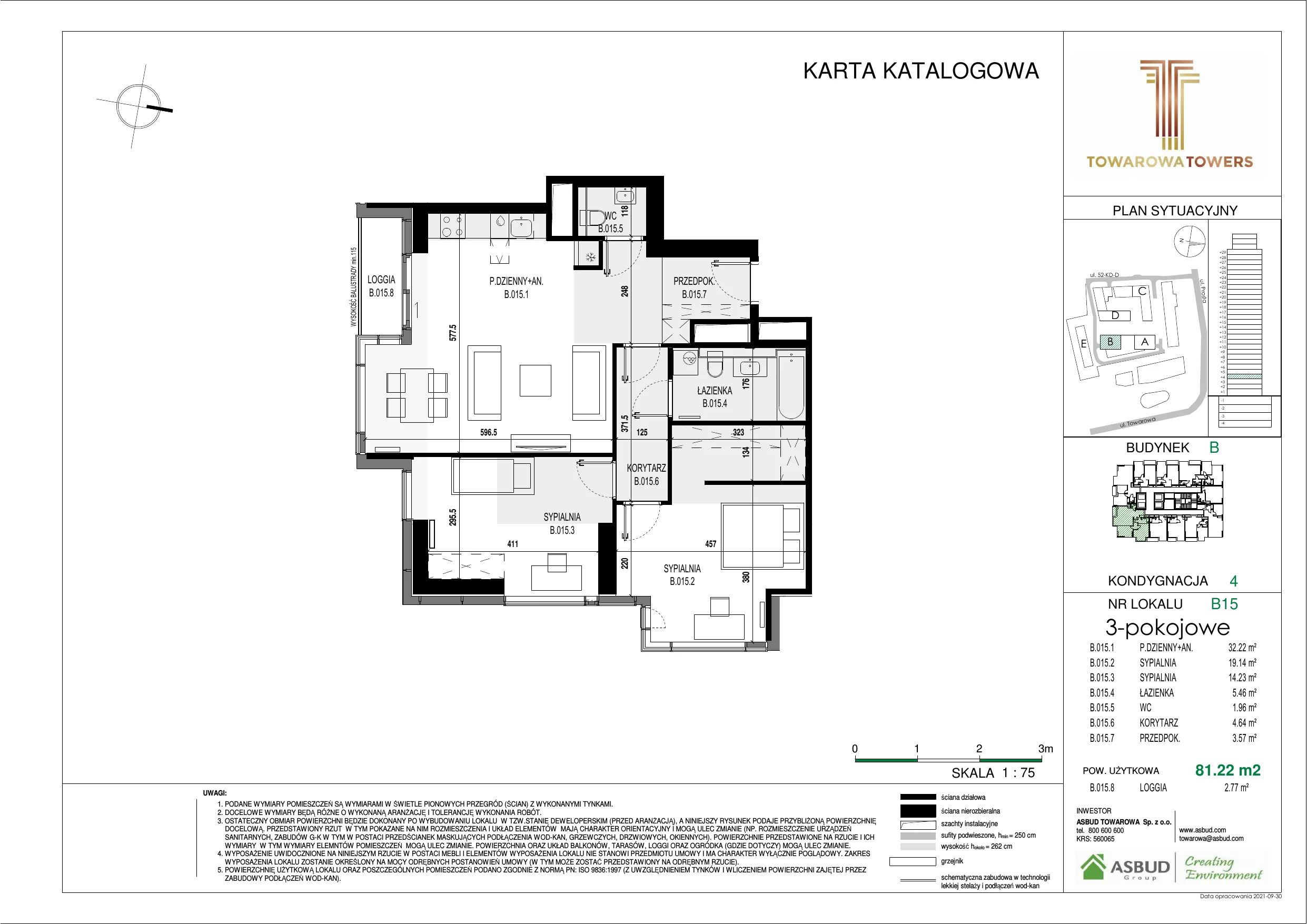 3 pokoje, mieszkanie 81,22 m², piętro 4, oferta nr B.015, Towarowa Towers, Warszawa, Wola, Czyste, ul. Towarowa