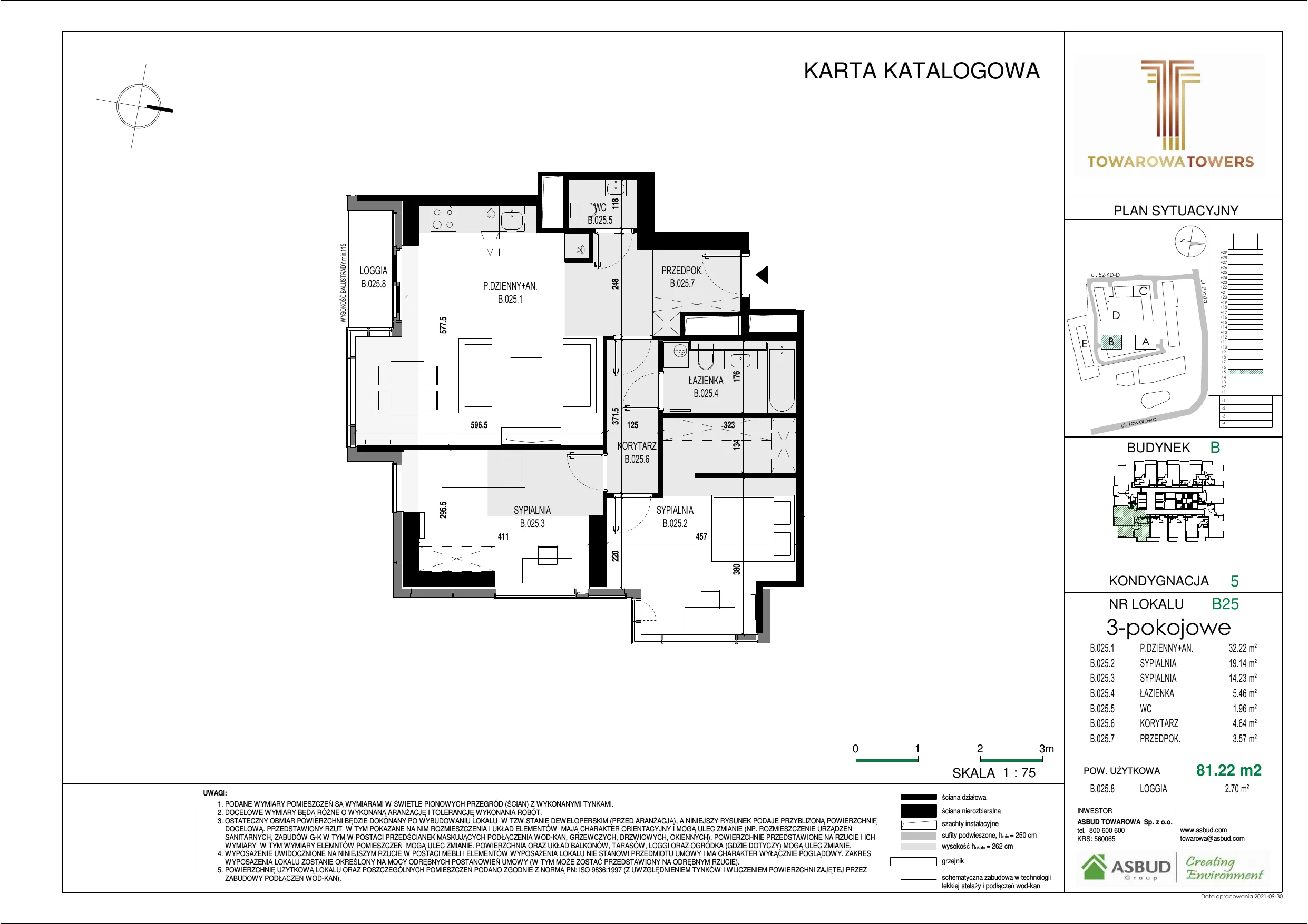 3 pokoje, mieszkanie 81,22 m², piętro 5, oferta nr B.025, Towarowa Towers, Warszawa, Wola, Czyste, ul. Towarowa