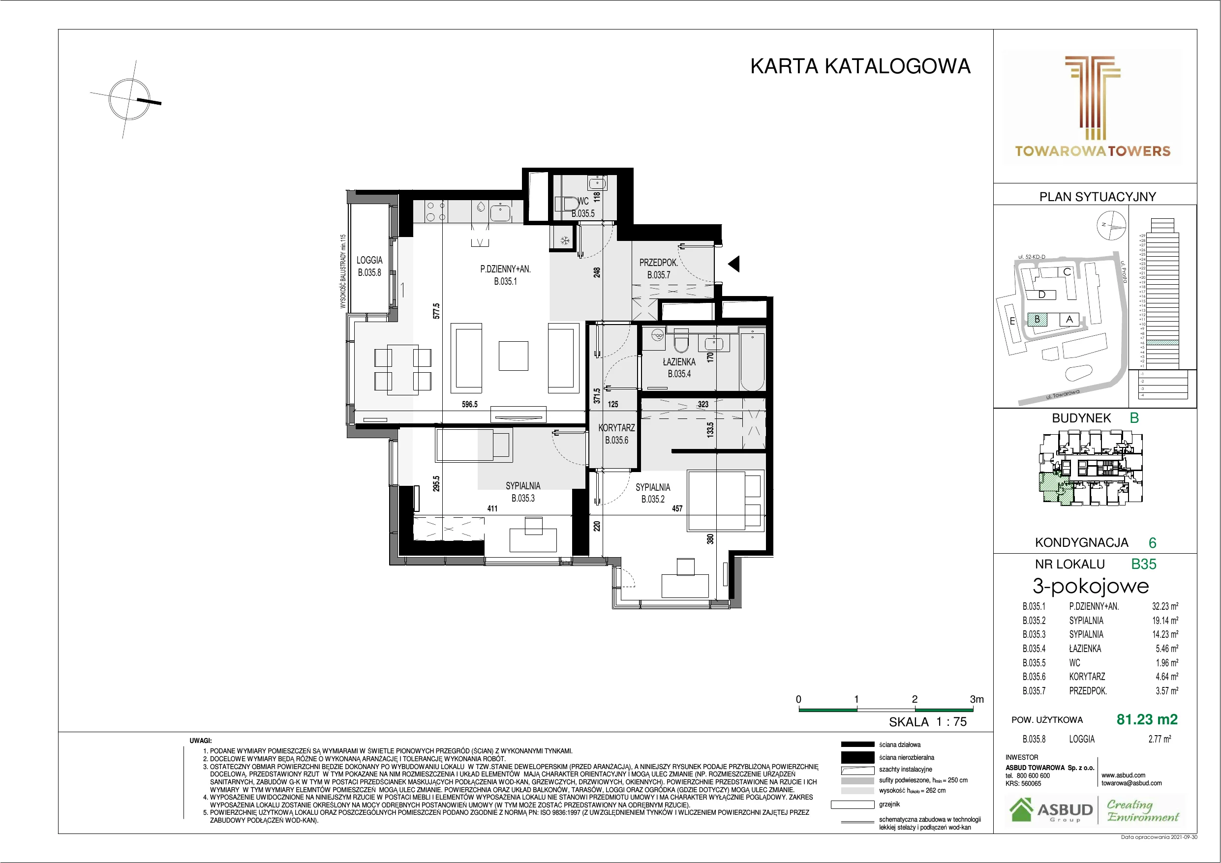 3 pokoje, mieszkanie 81,23 m², piętro 6, oferta nr B.035, Towarowa Towers, Warszawa, Wola, Czyste, ul. Towarowa