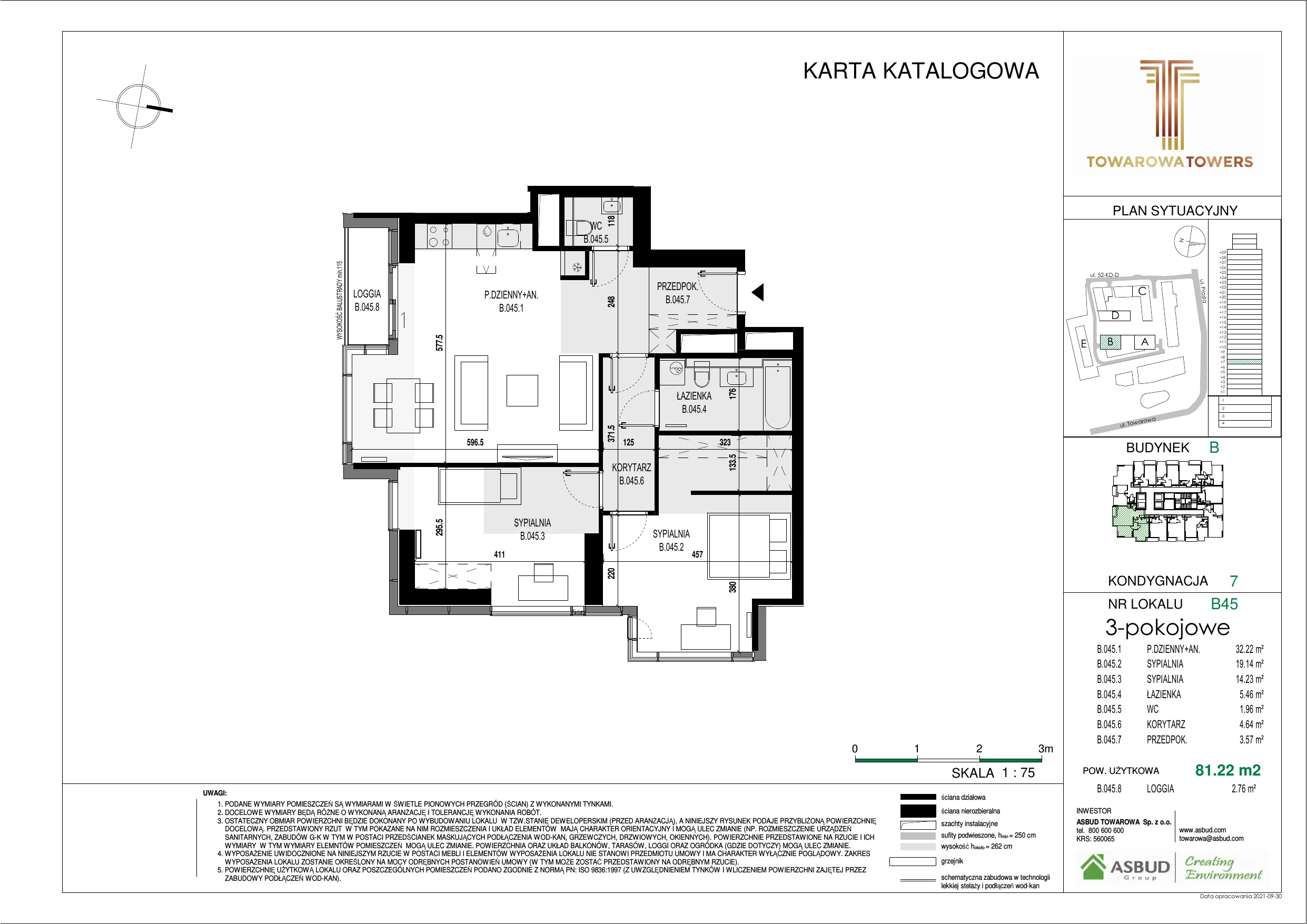 3 pokoje, mieszkanie 81,22 m², piętro 7, oferta nr B.045, Towarowa Towers, Warszawa, Wola, Czyste, ul. Towarowa