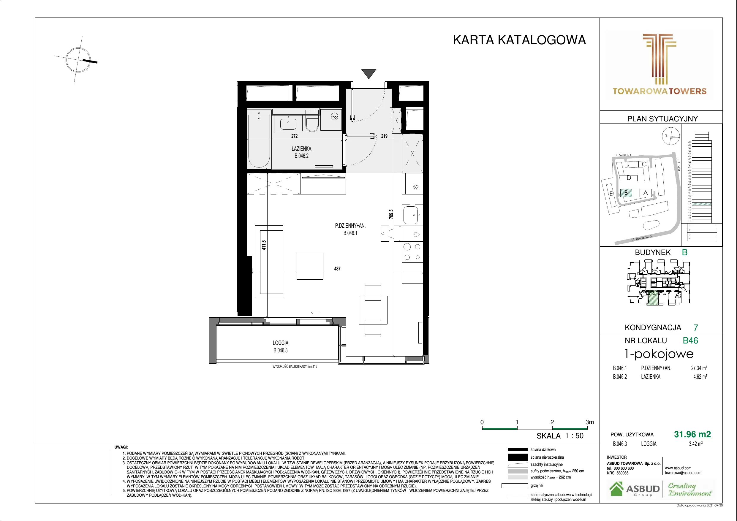 Apartament 31,96 m², piętro 7, oferta nr B.046, Towarowa Towers, Warszawa, Wola, Czyste, ul. Towarowa