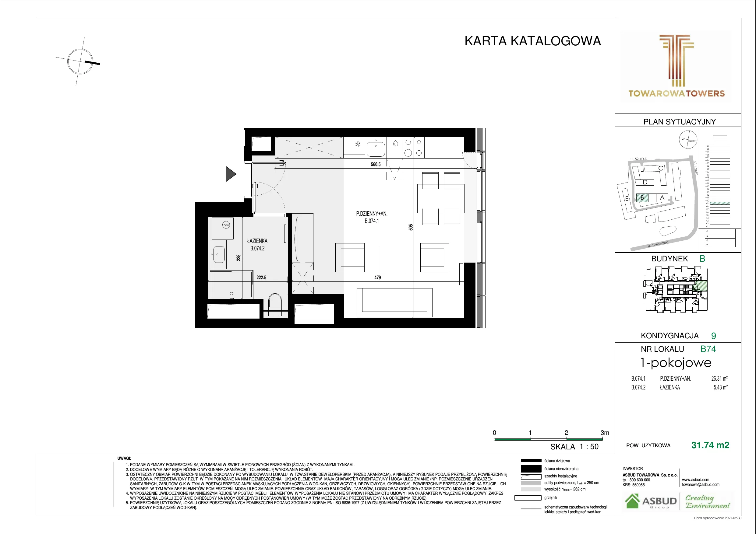 Mieszkanie 31,74 m², piętro 9, oferta nr B.074, Towarowa Towers, Warszawa, Wola, Czyste, ul. Towarowa