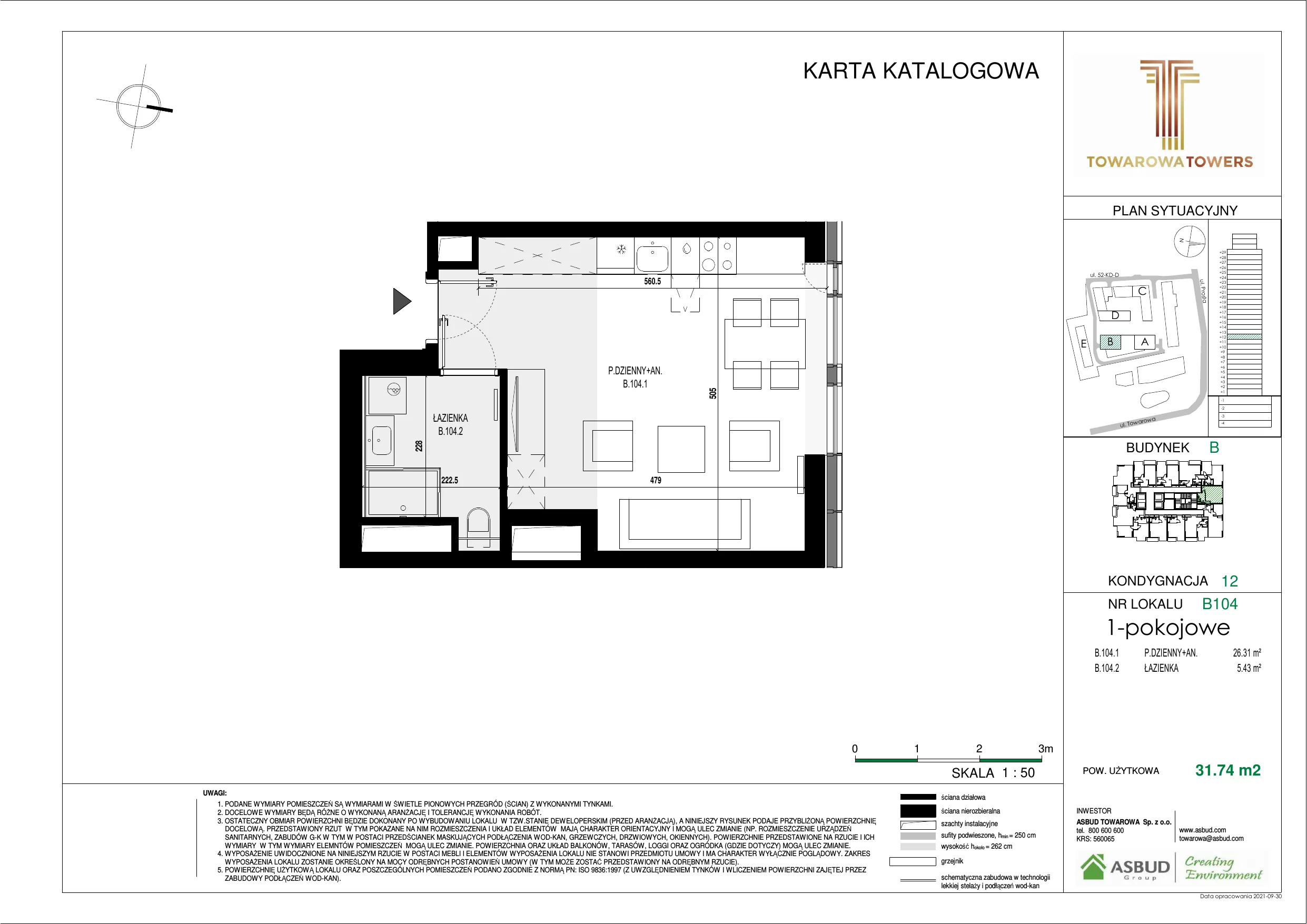Mieszkanie 31,74 m², piętro 12, oferta nr B.104, Towarowa Towers, Warszawa, Wola, Czyste, ul. Towarowa