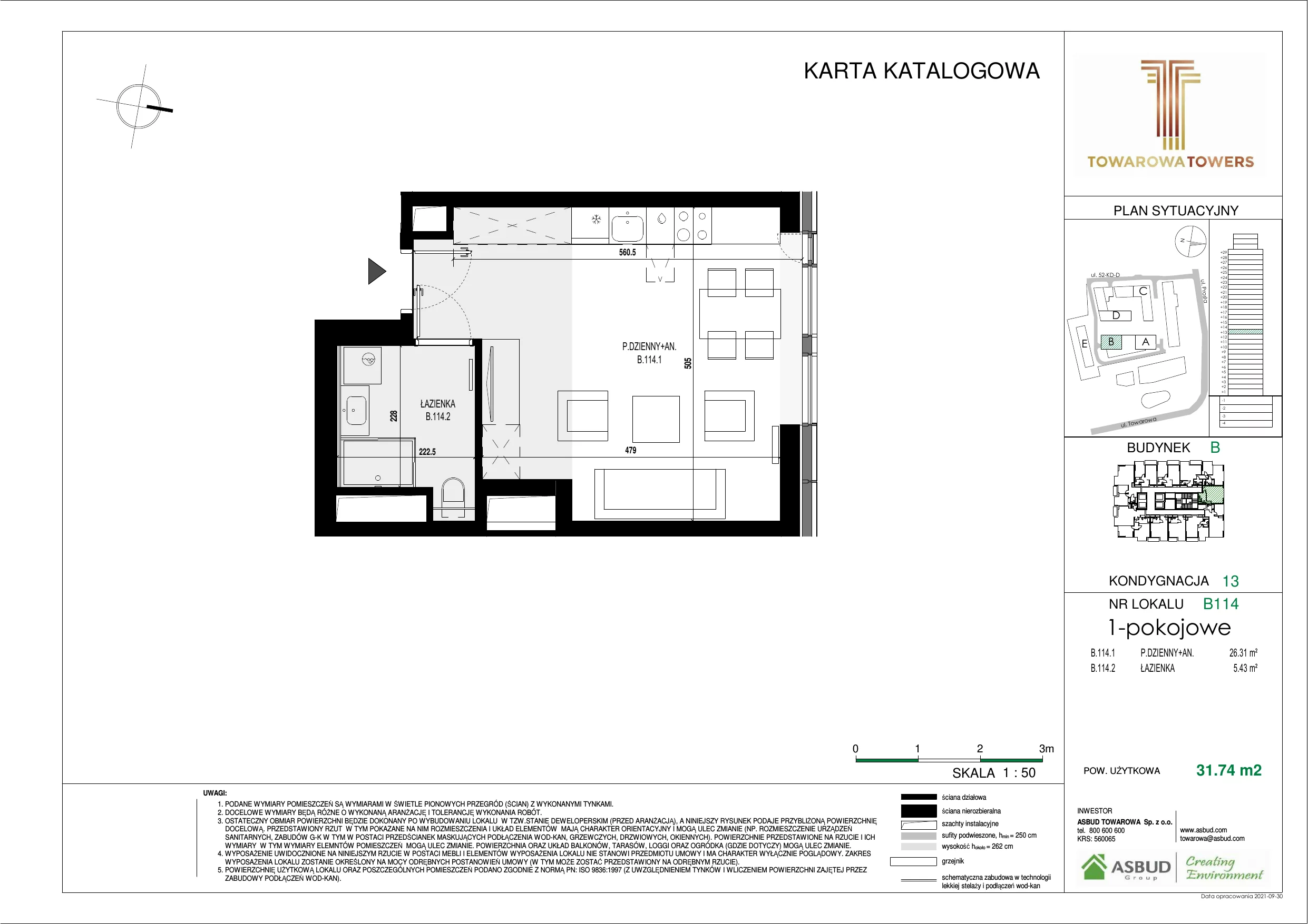 Mieszkanie 31,74 m², piętro 13, oferta nr B.114, Towarowa Towers, Warszawa, Wola, Czyste, ul. Towarowa