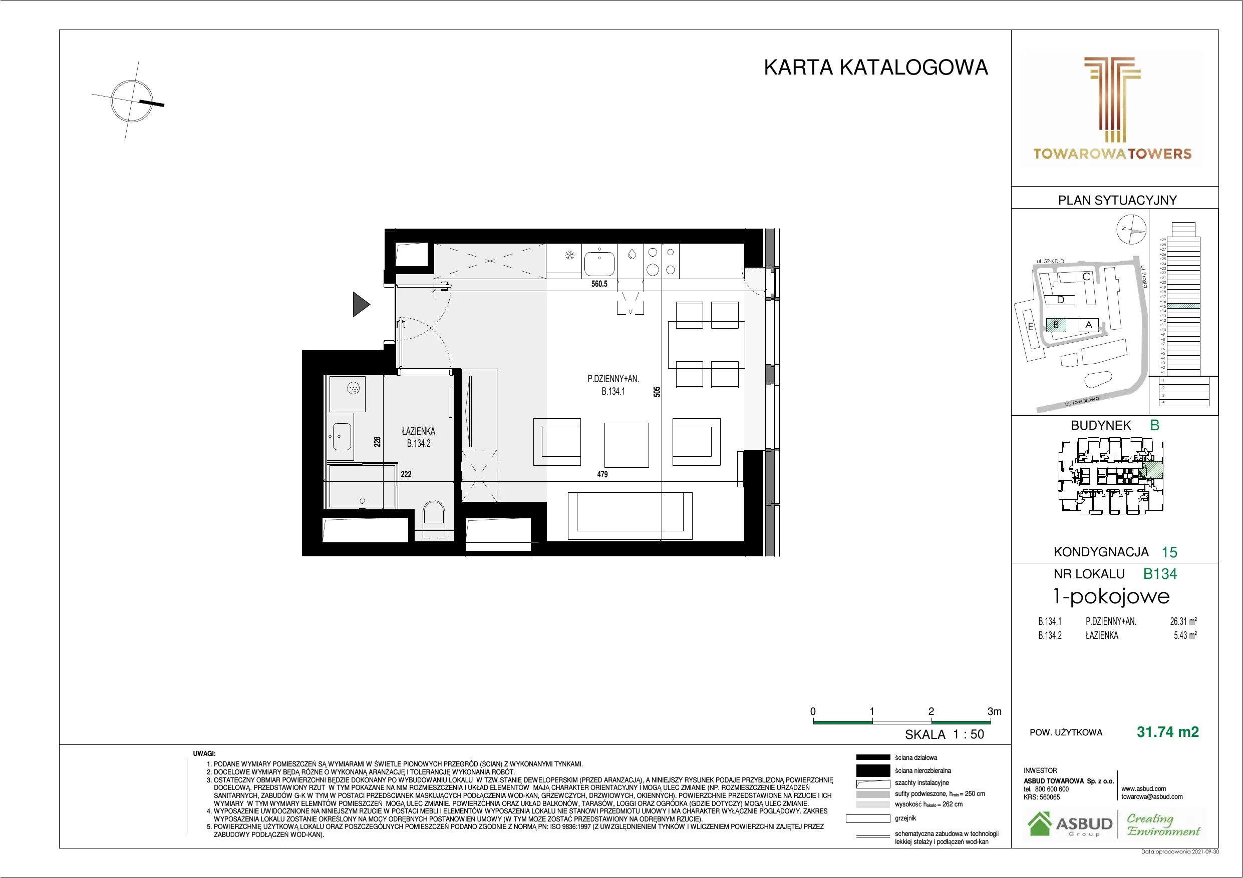 Mieszkanie 31,74 m², piętro 15, oferta nr B.134, Towarowa Towers, Warszawa, Wola, Czyste, ul. Towarowa