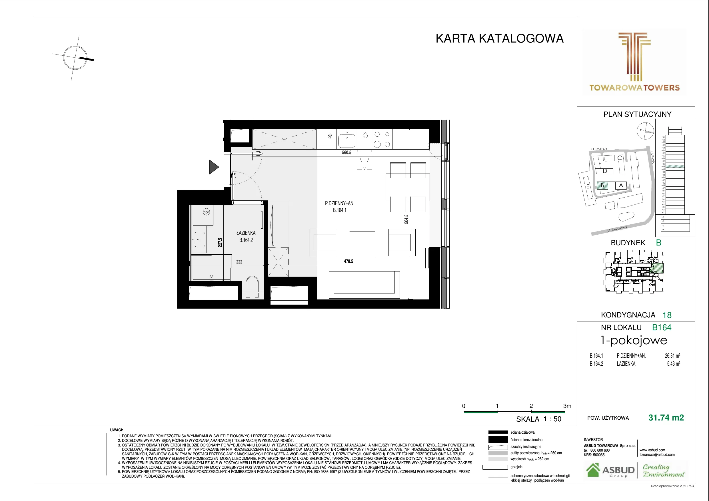 Mieszkanie 31,74 m², piętro 18, oferta nr B.164, Towarowa Towers, Warszawa, Wola, Czyste, ul. Towarowa