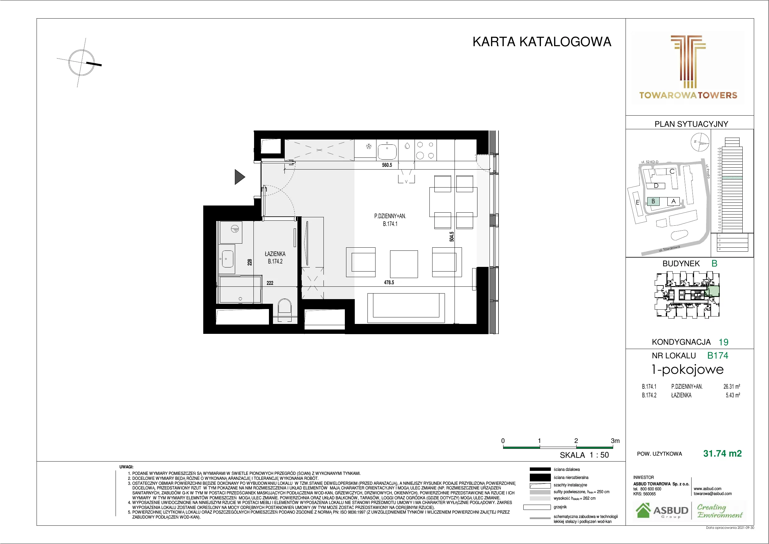 Mieszkanie 31,74 m², piętro 19, oferta nr B.174, Towarowa Towers, Warszawa, Wola, Czyste, ul. Towarowa