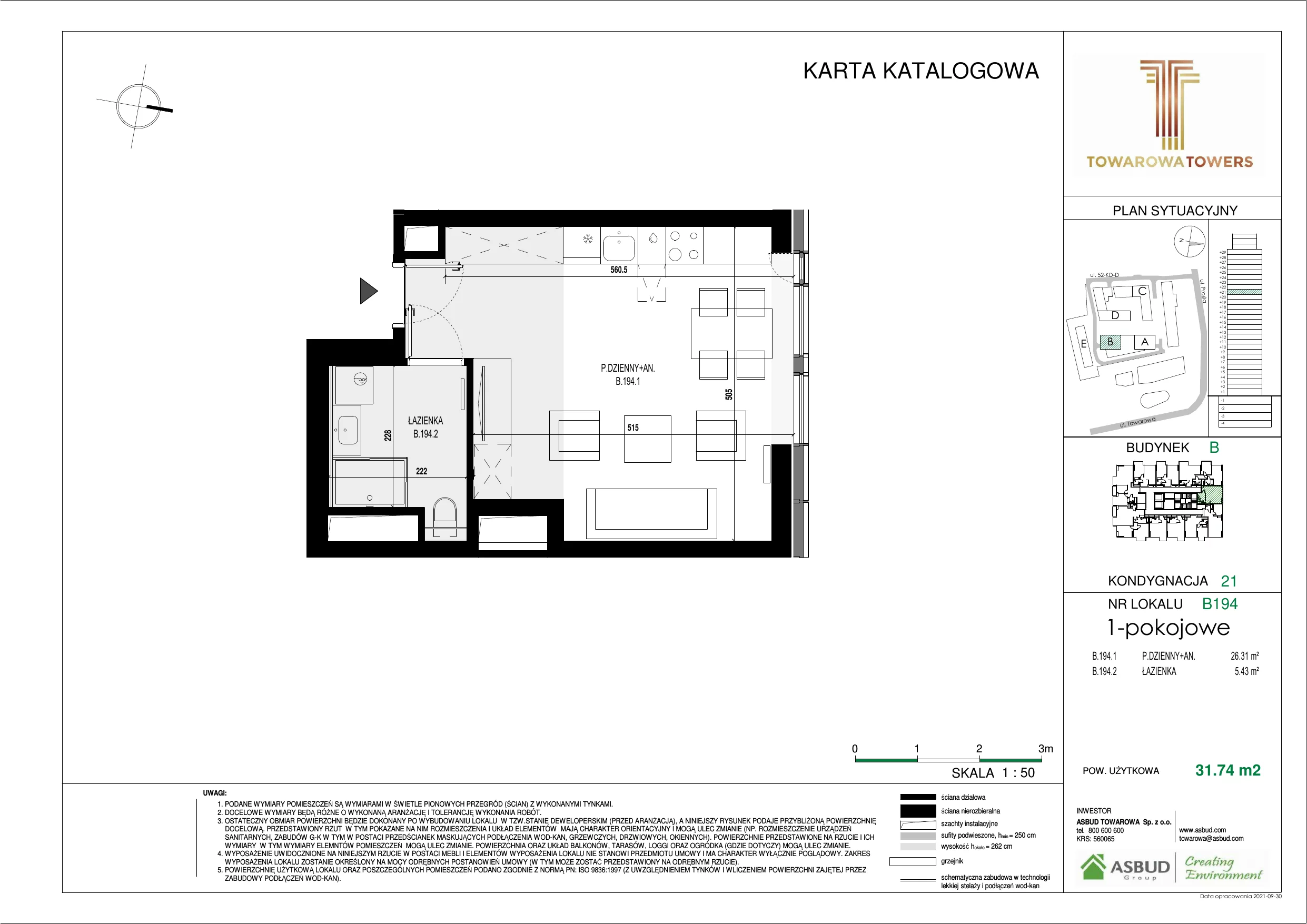 Mieszkanie 31,74 m², piętro 21, oferta nr B.194, Towarowa Towers, Warszawa, Wola, Czyste, ul. Towarowa