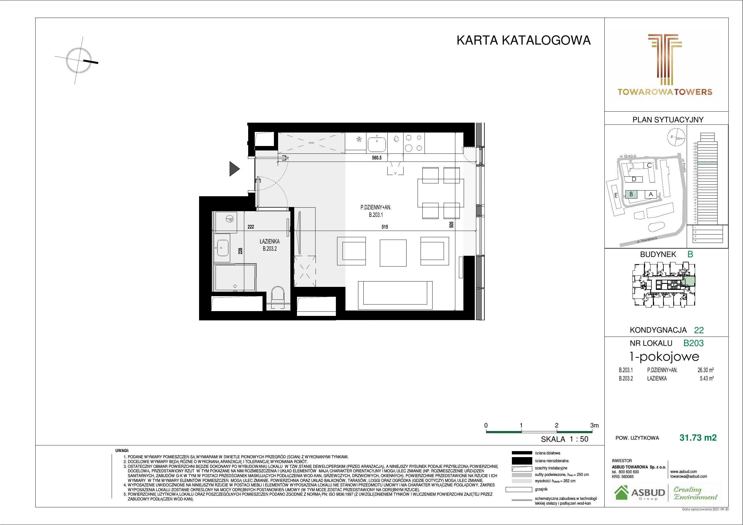 Mieszkanie 31,73 m², piętro 22, oferta nr B.203, Towarowa Towers, Warszawa, Wola, Czyste, ul. Towarowa