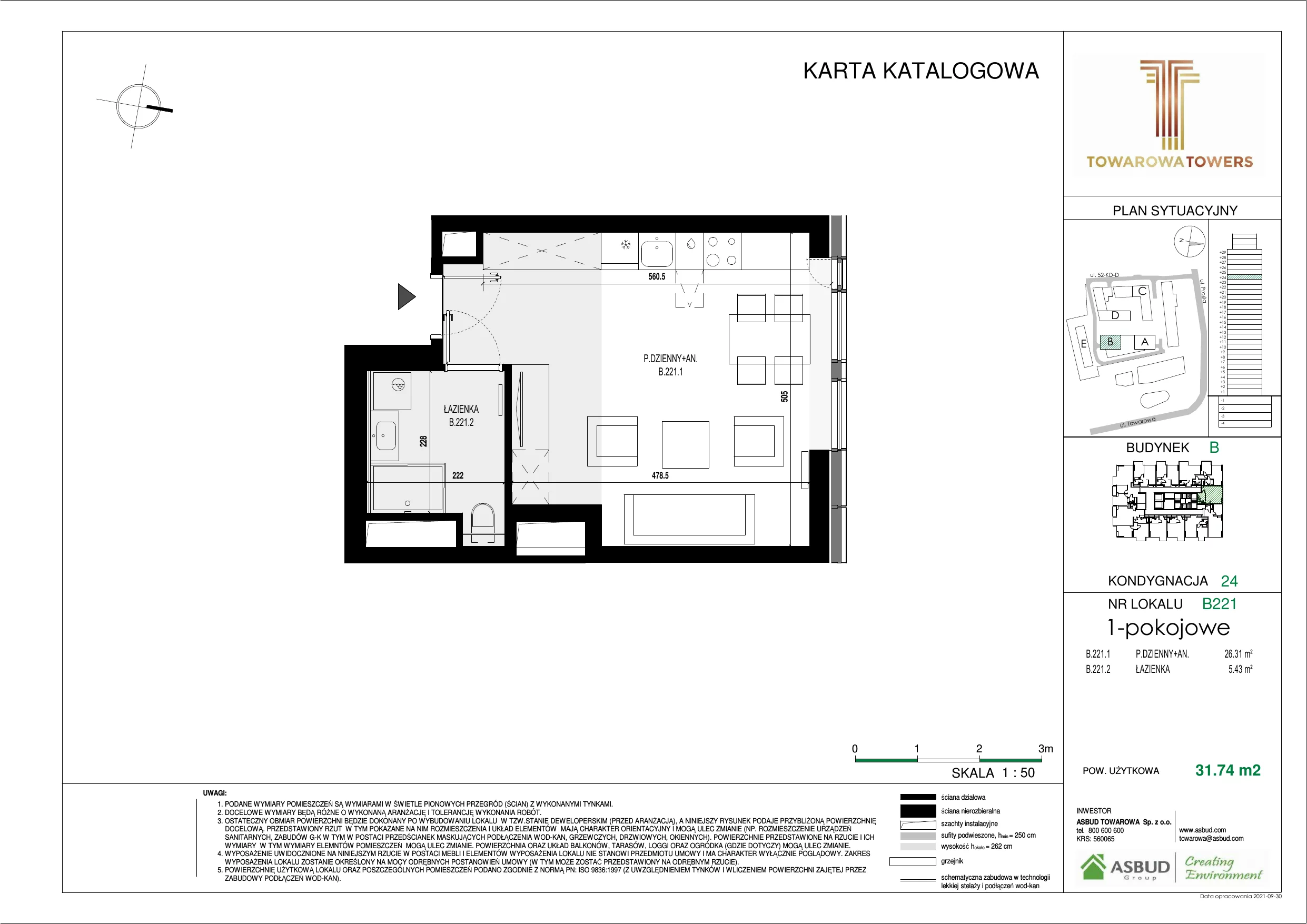 Mieszkanie 31,74 m², piętro 24, oferta nr B.221, Towarowa Towers, Warszawa, Wola, Czyste, ul. Towarowa
