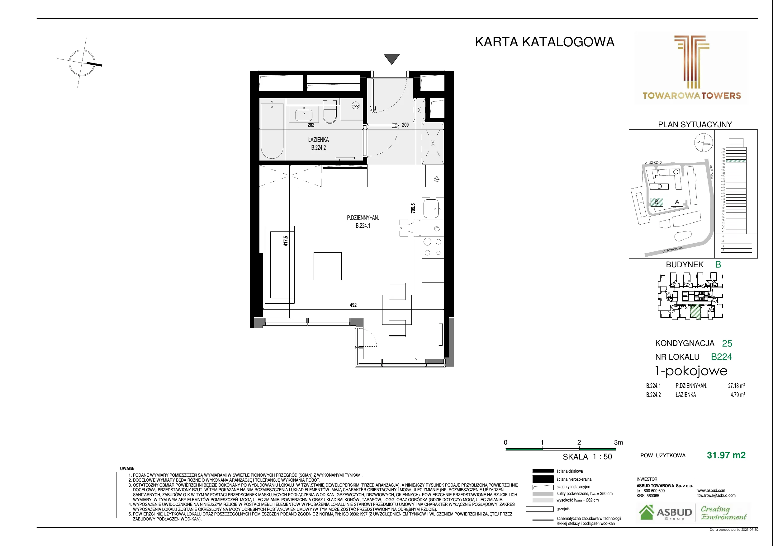 Mieszkanie 31,97 m², piętro 25, oferta nr B.224, Towarowa Towers, Warszawa, Wola, Czyste, ul. Towarowa