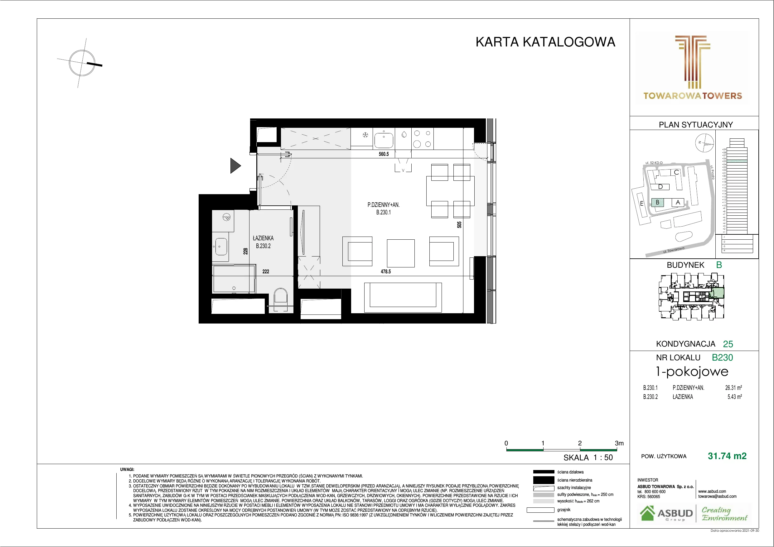 Mieszkanie 31,74 m², piętro 25, oferta nr B.230, Towarowa Towers, Warszawa, Wola, Czyste, ul. Towarowa