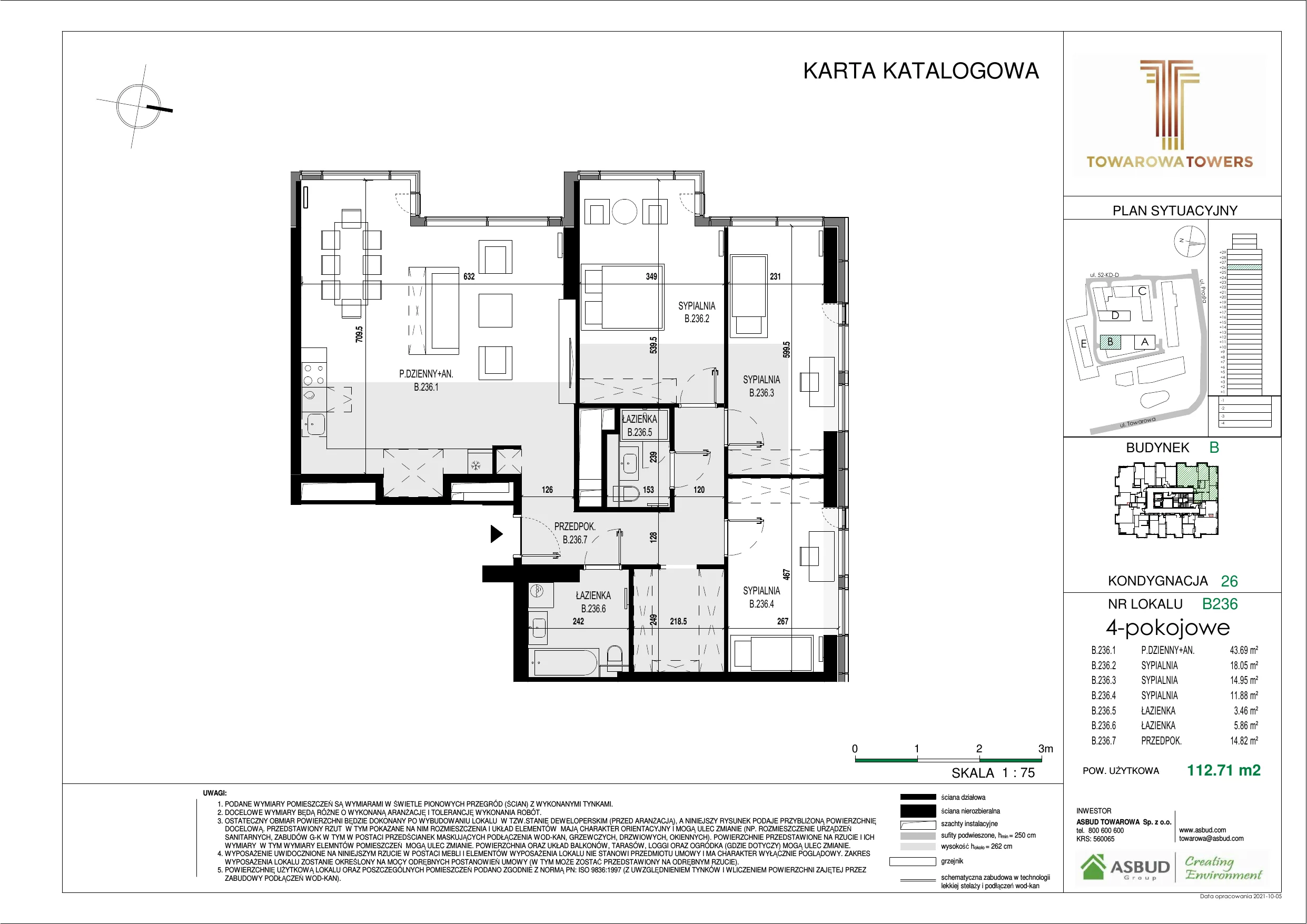 4 pokoje, mieszkanie 112,71 m², piętro 26, oferta nr B.236, Towarowa Towers, Warszawa, Wola, Czyste, ul. Towarowa