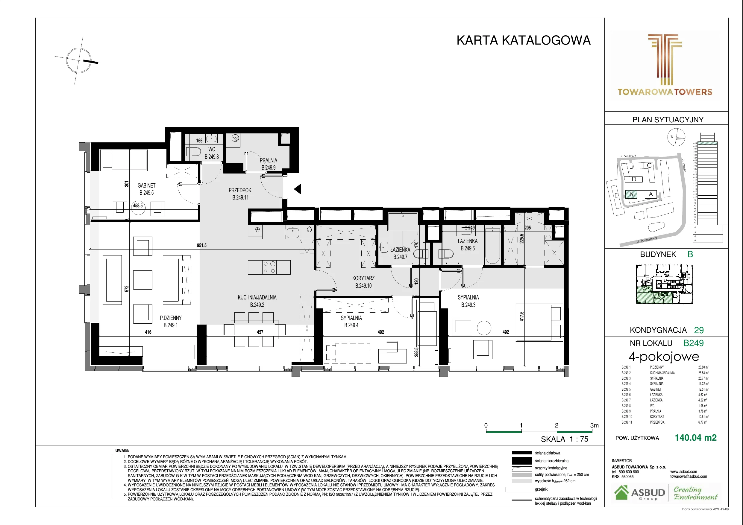 4 pokoje, mieszkanie 140,04 m², piętro 29, oferta nr B.249, Towarowa Towers, Warszawa, Wola, Czyste, ul. Towarowa