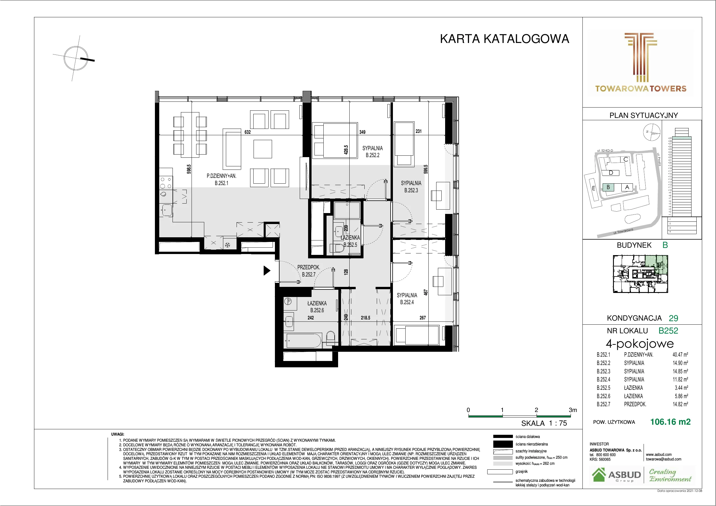 4 pokoje, mieszkanie 106,16 m², piętro 29, oferta nr B.252, Towarowa Towers, Warszawa, Wola, Czyste, ul. Towarowa