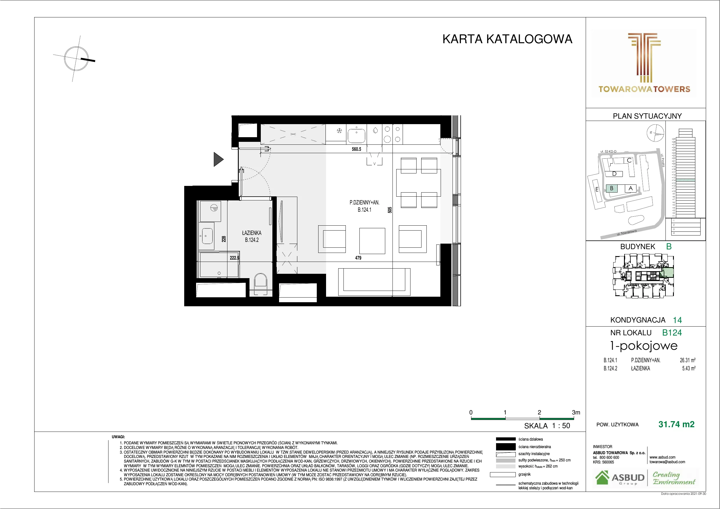 Mieszkanie 31,74 m², piętro 14, oferta nr B.124, Towarowa Towers, Warszawa, Wola, Czyste, ul. Towarowa