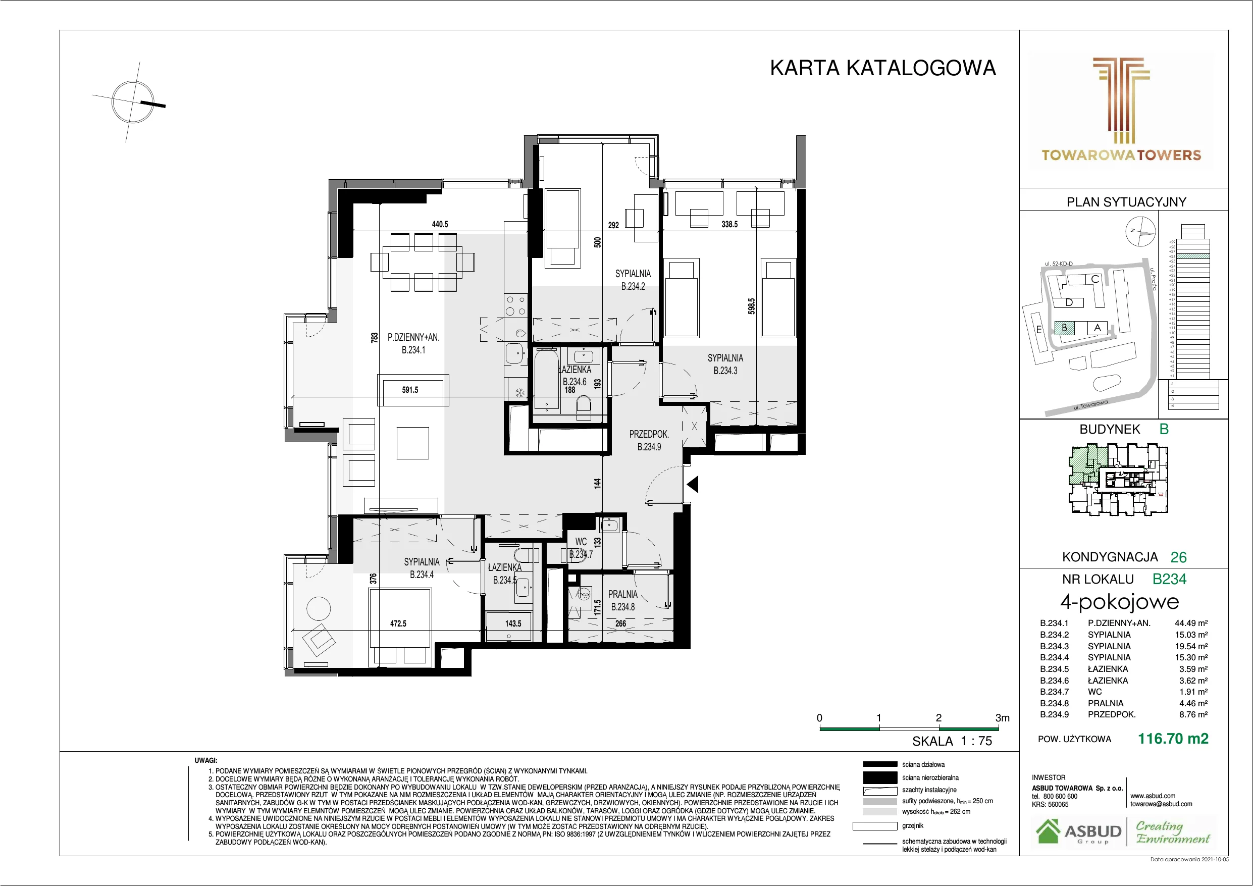 4 pokoje, mieszkanie 116,70 m², piętro 26, oferta nr B.234, Towarowa Towers, Warszawa, Wola, Czyste, ul. Towarowa