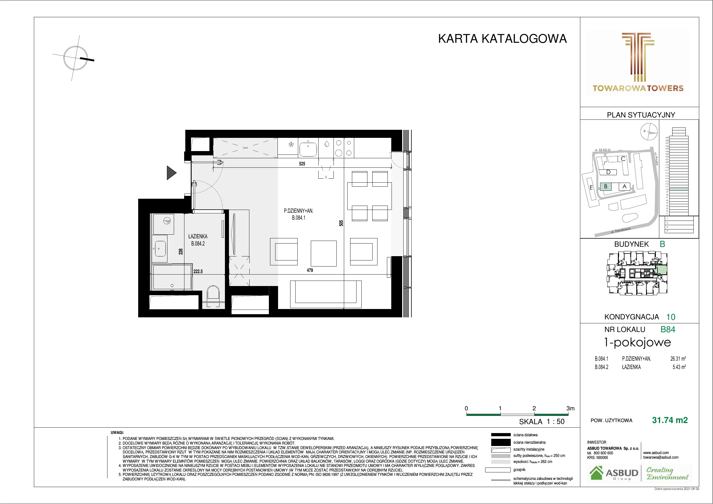 Mieszkanie 31,74 m², piętro 10, oferta nr B.084, Towarowa Towers, Warszawa, Wola, Czyste, ul. Towarowa