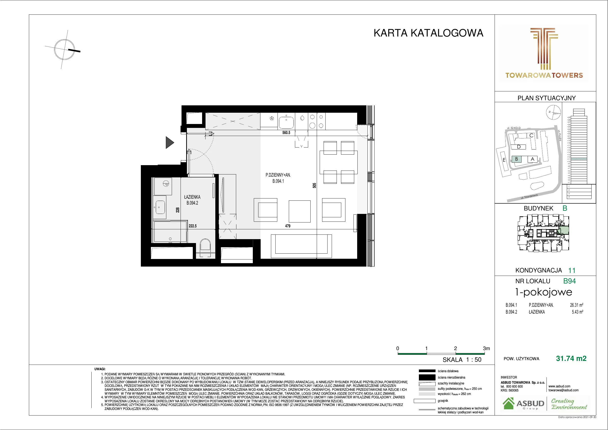 Mieszkanie 31,74 m², piętro 11, oferta nr B.094, Towarowa Towers, Warszawa, Wola, Czyste, ul. Towarowa