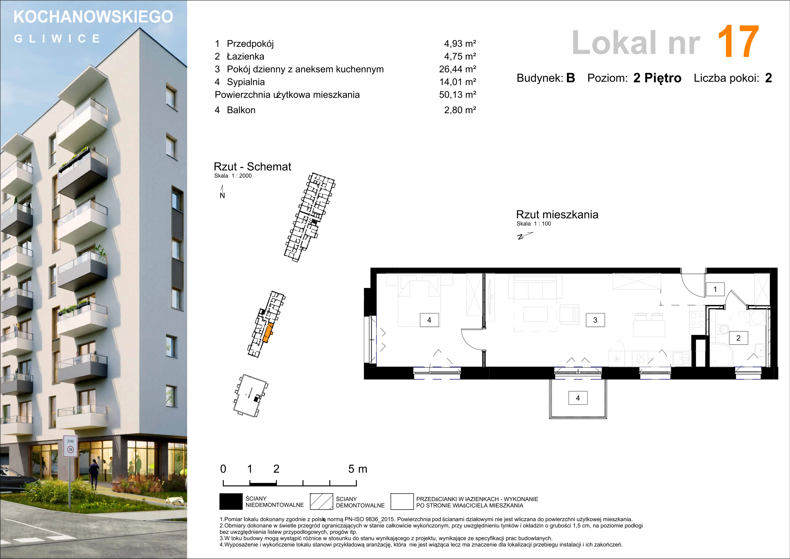 Mieszkanie 50,13 m², piętro 2, oferta nr B-17, Osiedle Kochanowskiego, Gliwice, Trynek, ul. Kochanowskiego