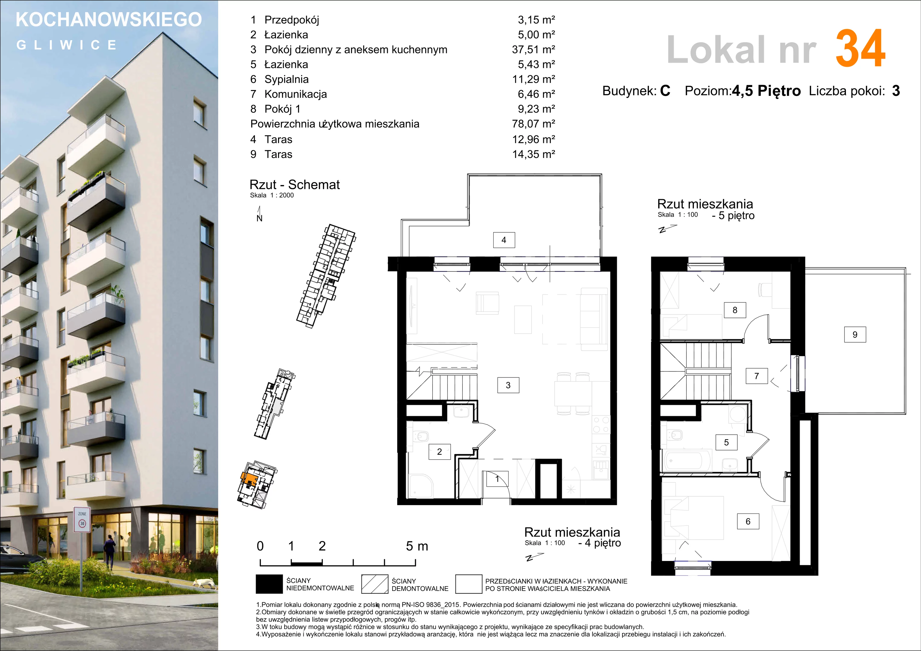 Mieszkanie 78,07 m², piętro 4, oferta nr C-34, Osiedle Kochanowskiego, Gliwice, Trynek, ul. Kochanowskiego