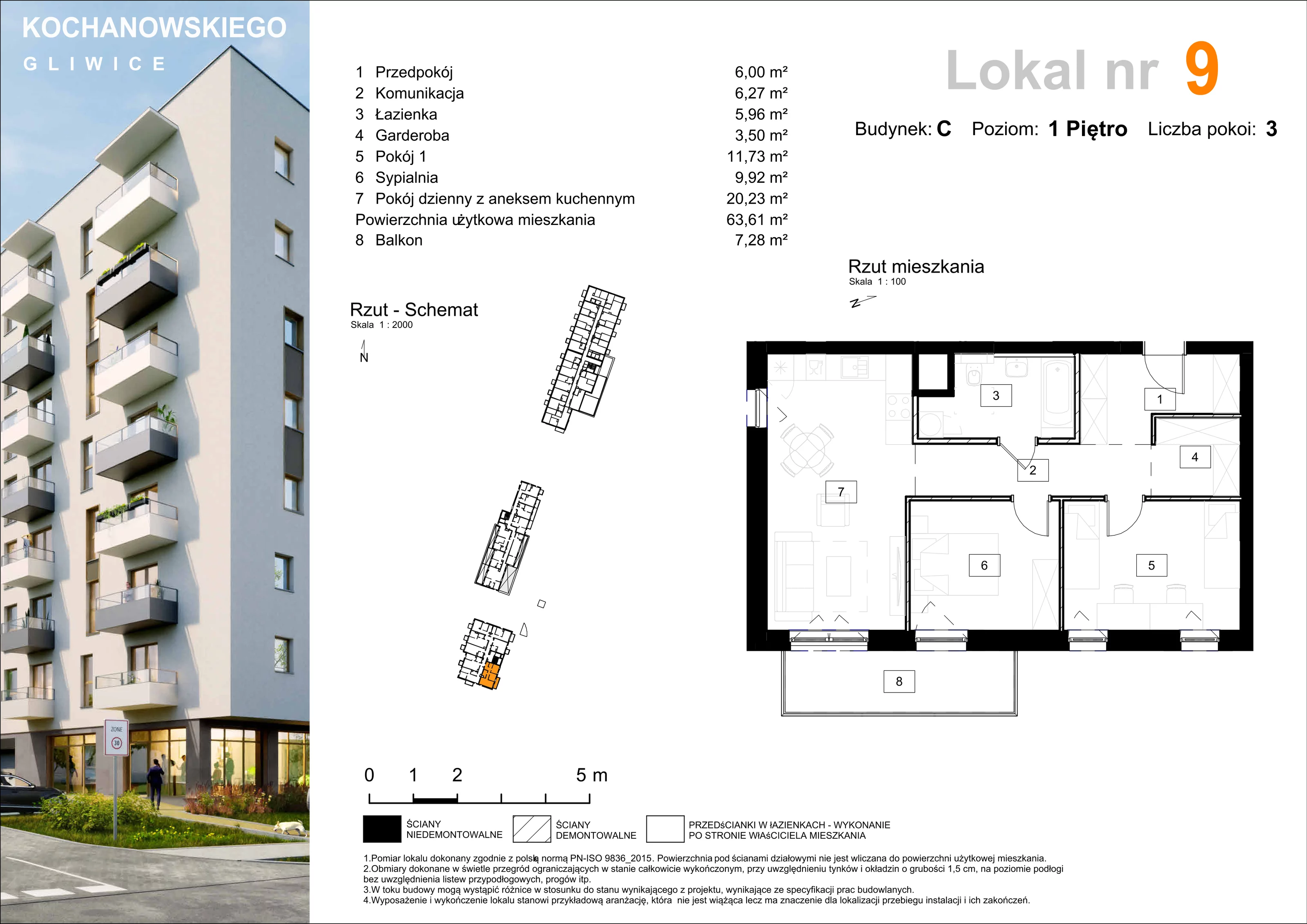 Mieszkanie 63,91 m², piętro 1, oferta nr C-9, Osiedle Kochanowskiego, Gliwice, Trynek, ul. Kochanowskiego