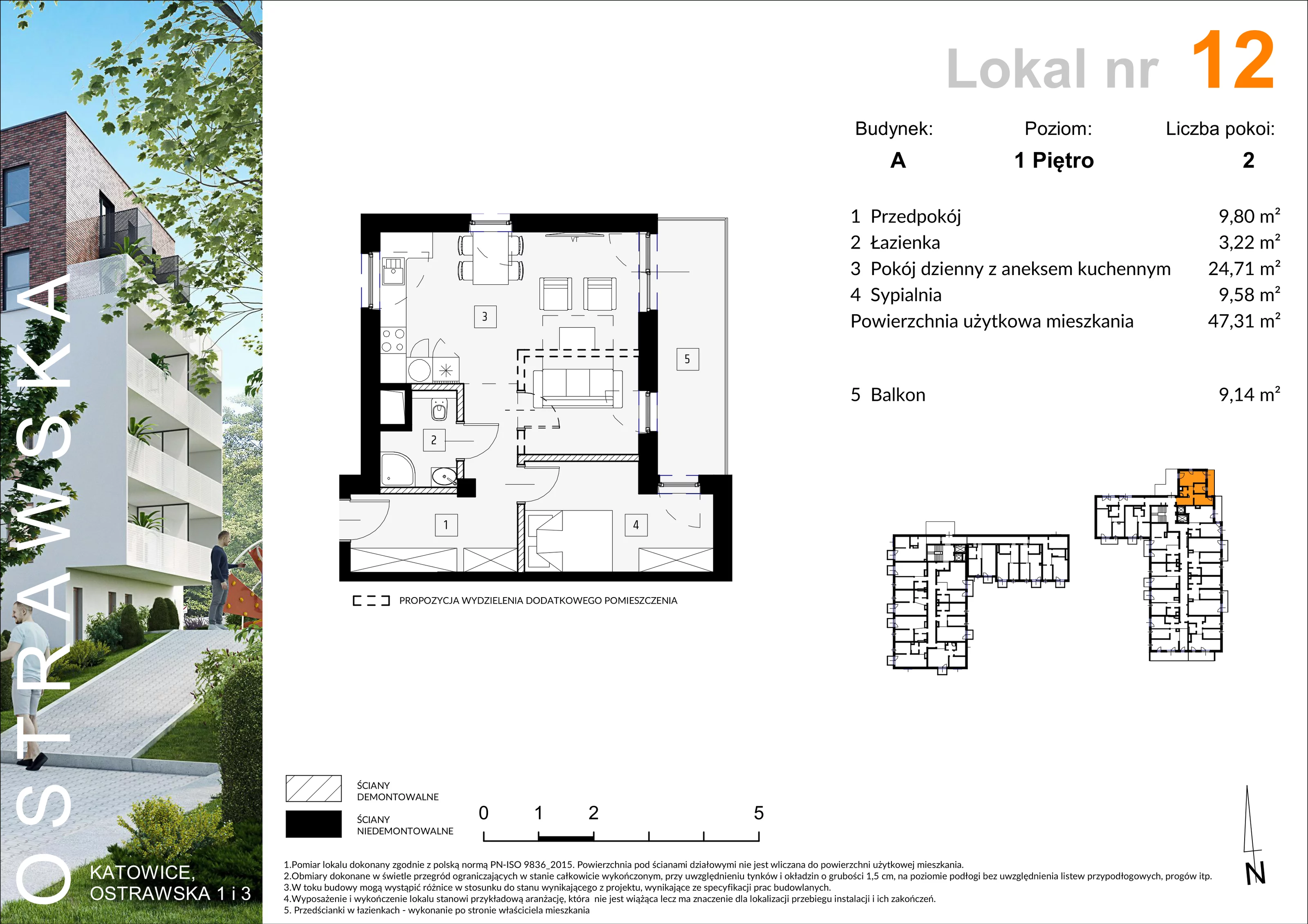 Mieszkanie 47,45 m², piętro 1, oferta nr A_M12, Ostrawska, Katowice, Ligota-Panewniki, Ligota, ul. Ostrawska