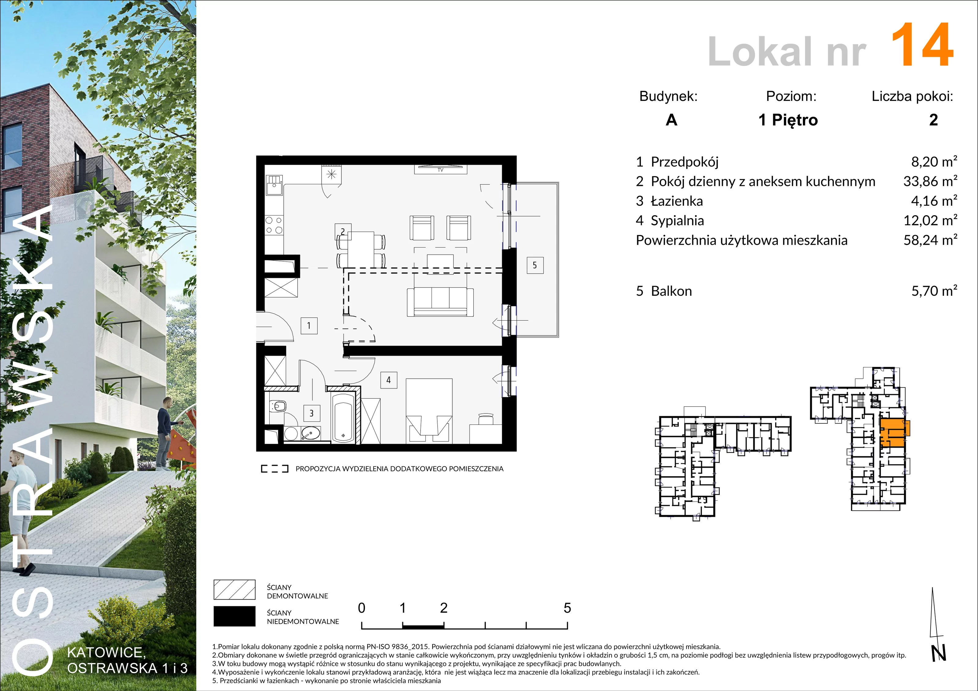 Mieszkanie 58,61 m², piętro 1, oferta nr A_M14, Ostrawska, Katowice, Ligota-Panewniki, Ligota, ul. Ostrawska