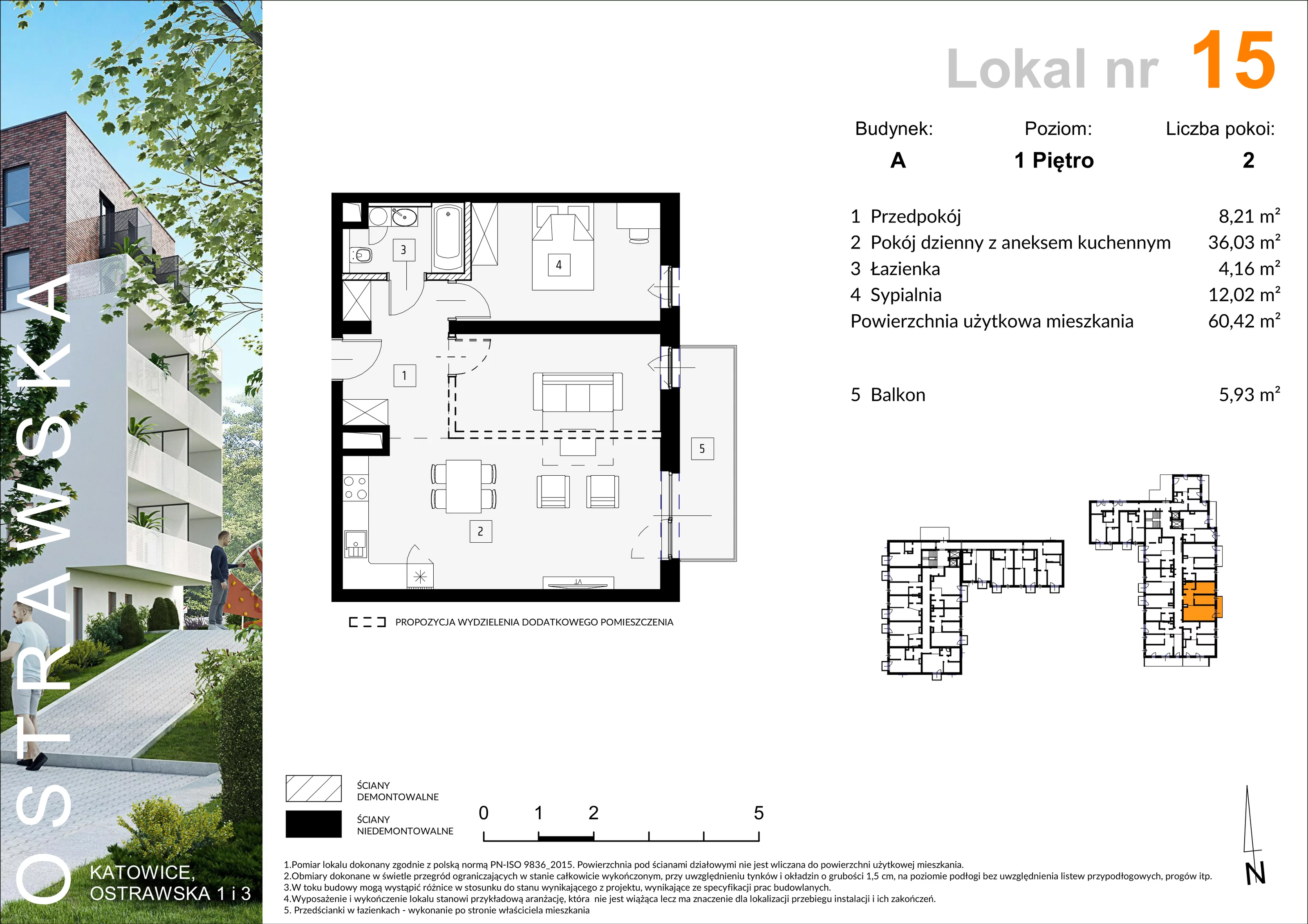 Mieszkanie 61,26 m², piętro 1, oferta nr A_M15, Ostrawska, Katowice, Ligota-Panewniki, Ligota, ul. Ostrawska