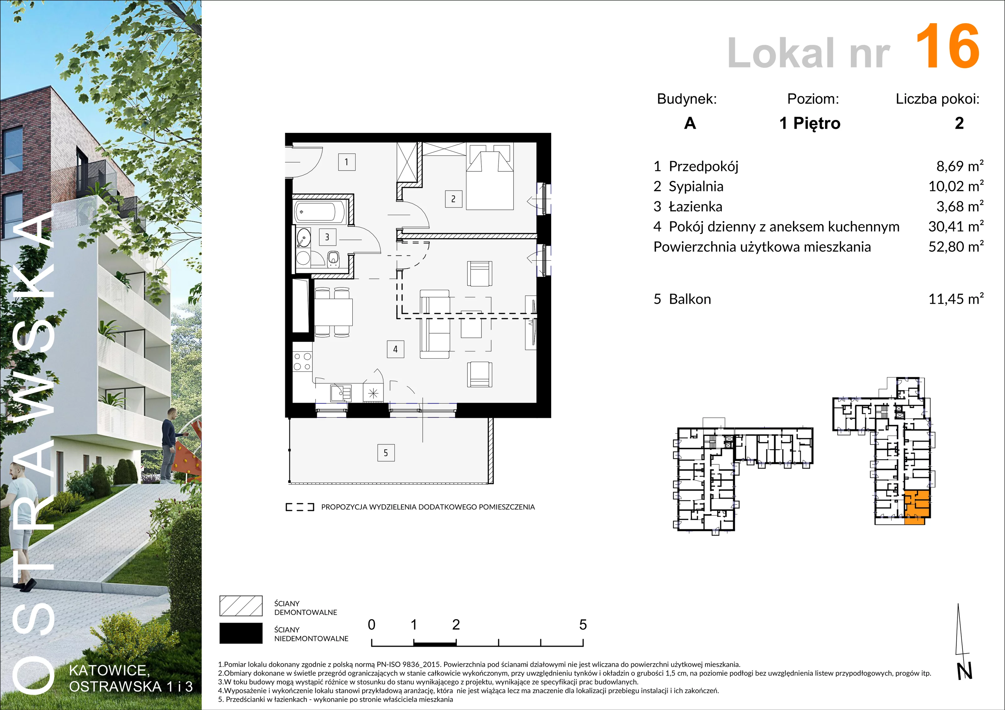 Mieszkanie 52,79 m², piętro 1, oferta nr A_M16, Ostrawska, Katowice, Ligota-Panewniki, Ligota, ul. Ostrawska
