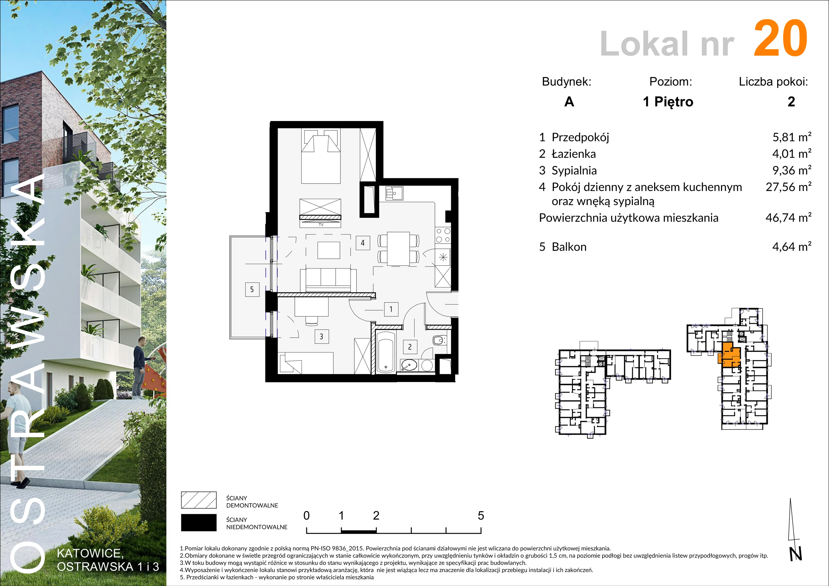 Mieszkanie 47,00 m², piętro 1, oferta nr A_M20, Ostrawska, Katowice, Ligota-Panewniki, Ligota, ul. Ostrawska