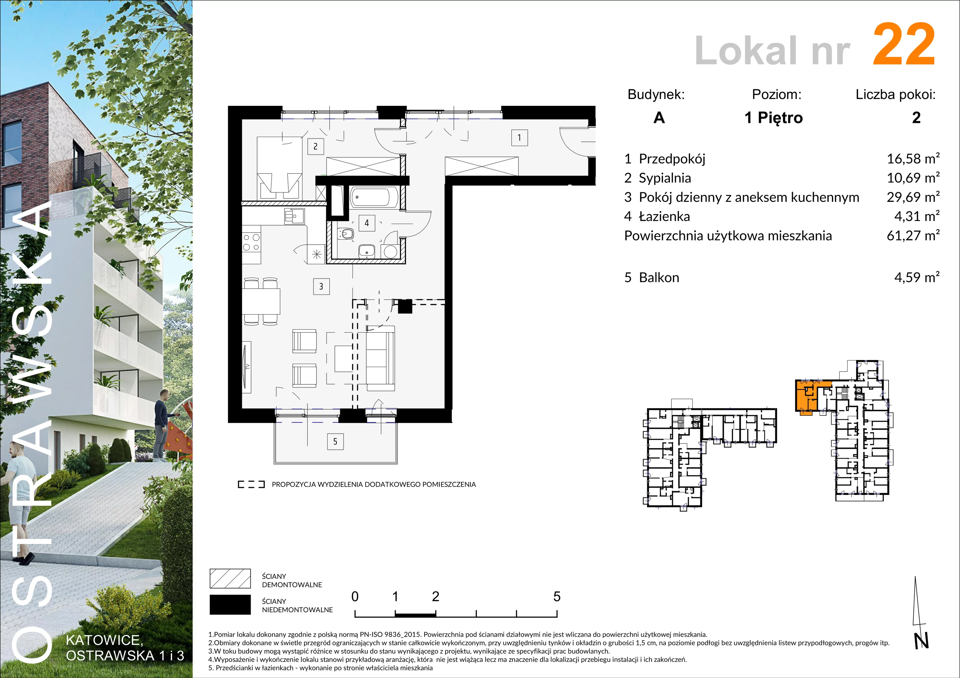 Mieszkanie 61,42 m², piętro 1, oferta nr A_M22, Ostrawska, Katowice, Ligota-Panewniki, Ligota, ul. Ostrawska
