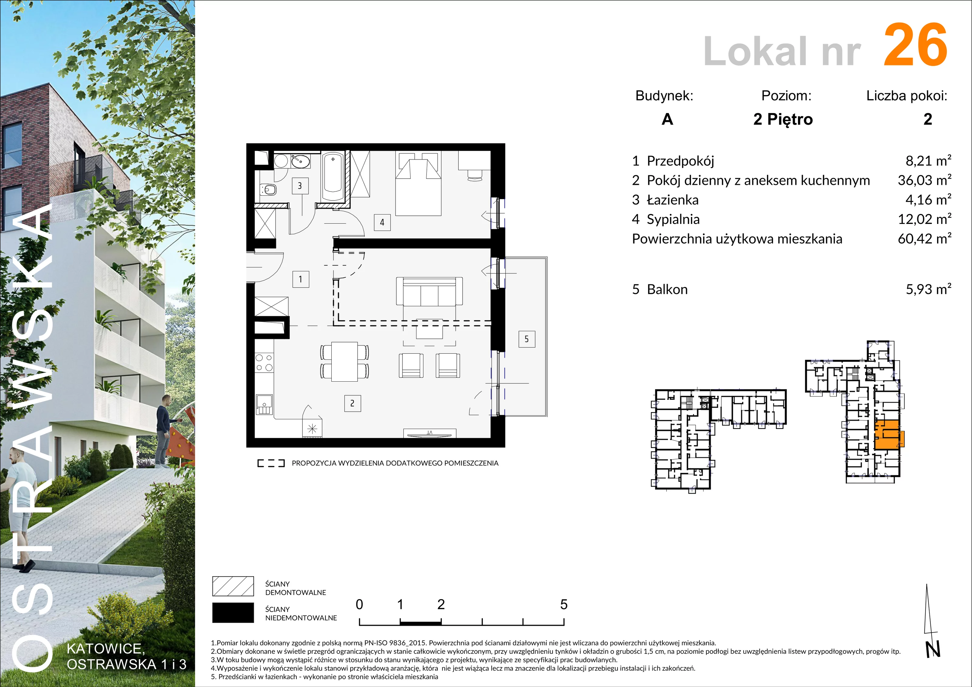 Mieszkanie 61,34 m², piętro 2, oferta nr A_M26, Ostrawska, Katowice, Ligota-Panewniki, Ligota, ul. Ostrawska