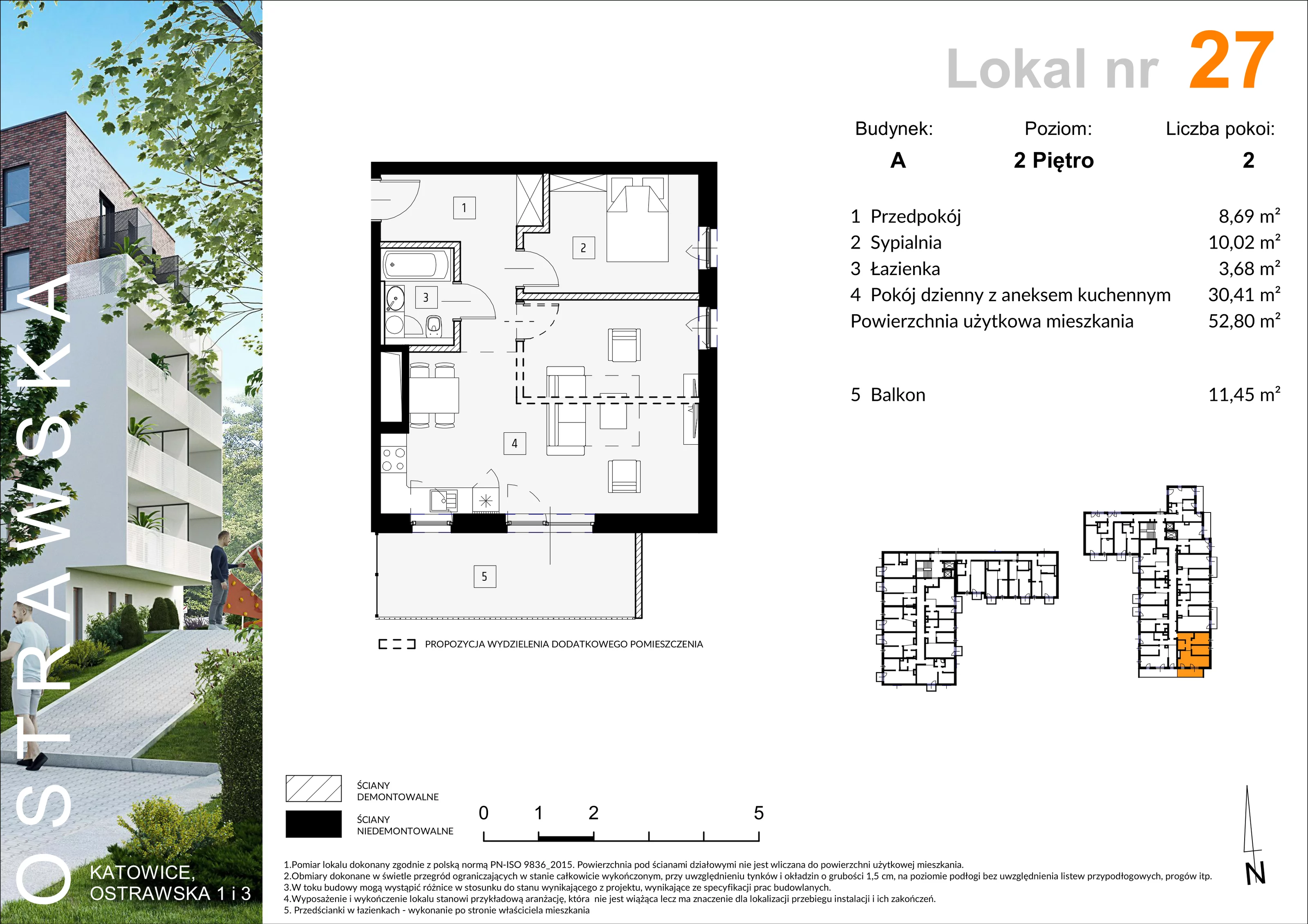 Mieszkanie 52,92 m², piętro 2, oferta nr A_M27, Ostrawska, Katowice, Ligota-Panewniki, Ligota, ul. Ostrawska